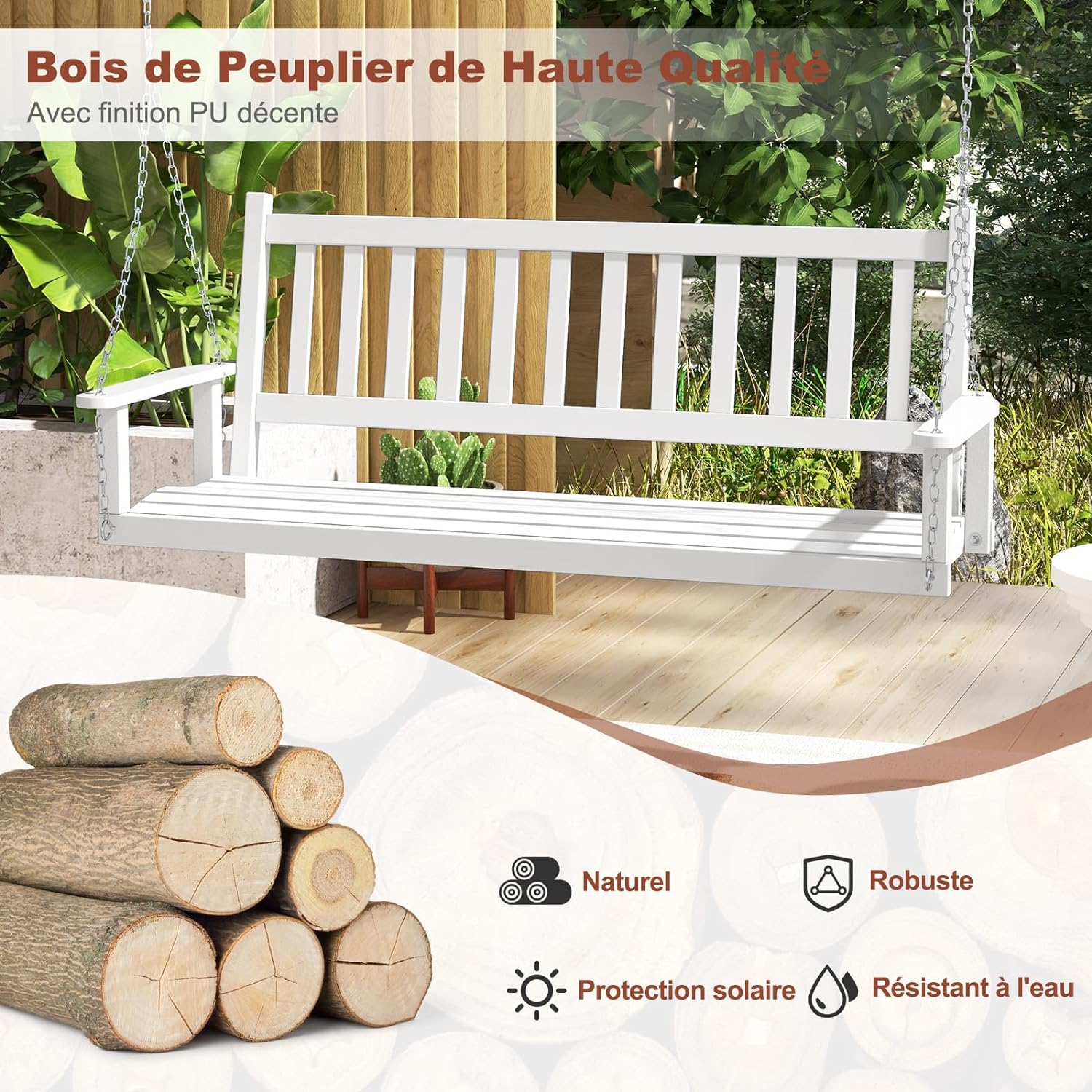 Balançelle Jardin 2/3 Places Extérieur, Chaise Hamac Siège Suspnedue en Bois avec Chaînes de Suspension Ajustables,230/360KG(168x65x63CM,Blanc) - 2