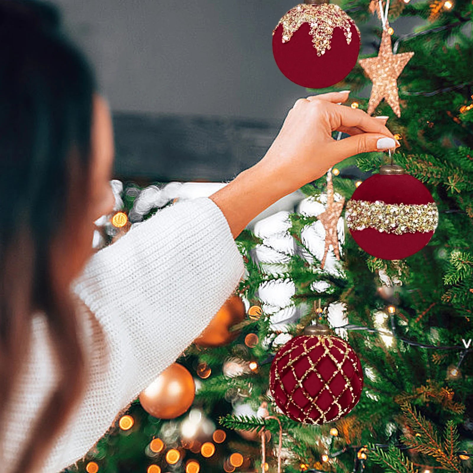 Lot de 12 boules de Noël floquées rouges, boules suspendues pour arbre de Noël, décoration de scène, décorations suspendues DIY, fête de fin d'année - 3