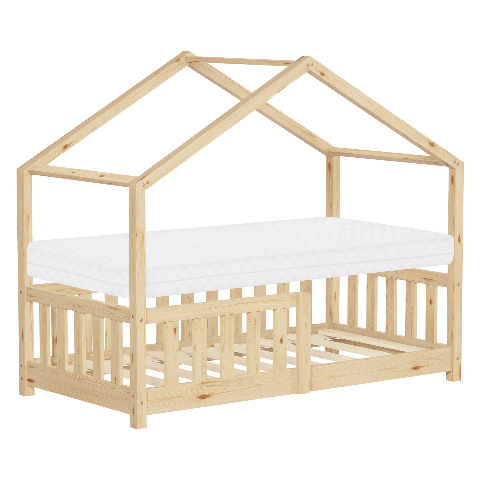 ML-Design lózko dziecięce domek 70x140 cm naturalne drewniane z materacem i zabezpieczeniem przed upadkiem łóżko do zabawy Montessori