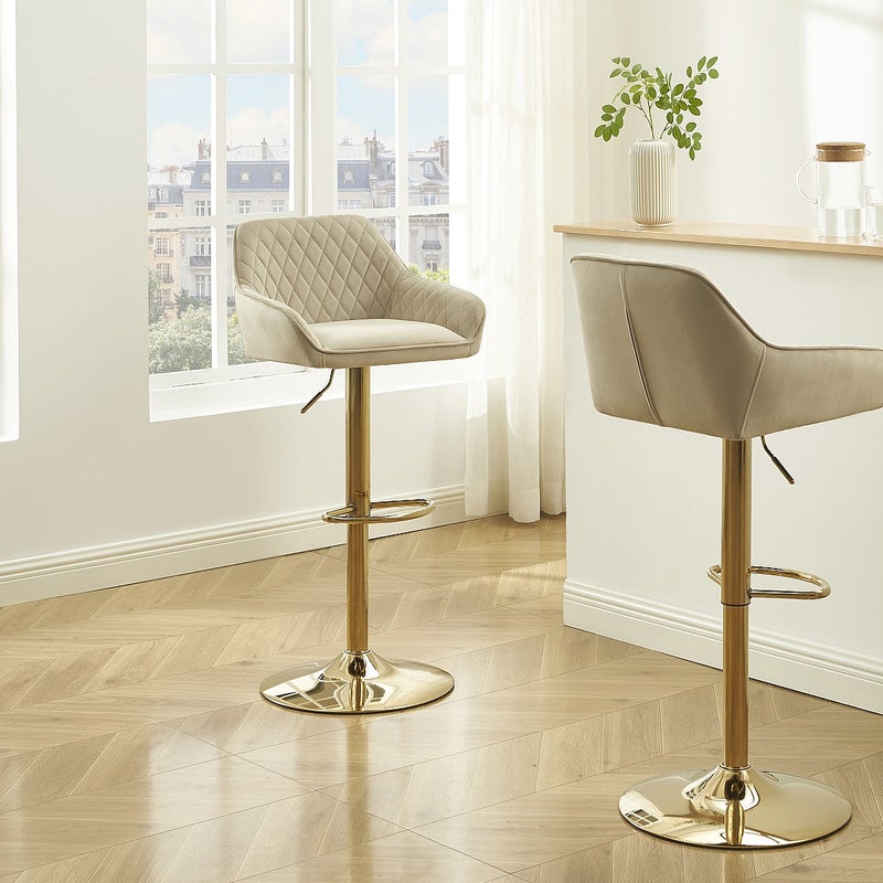 Zestaw 2 hokerów barowych z weluru i złotego metalu - Regulowana wysokość - Beżowy - TAVOA