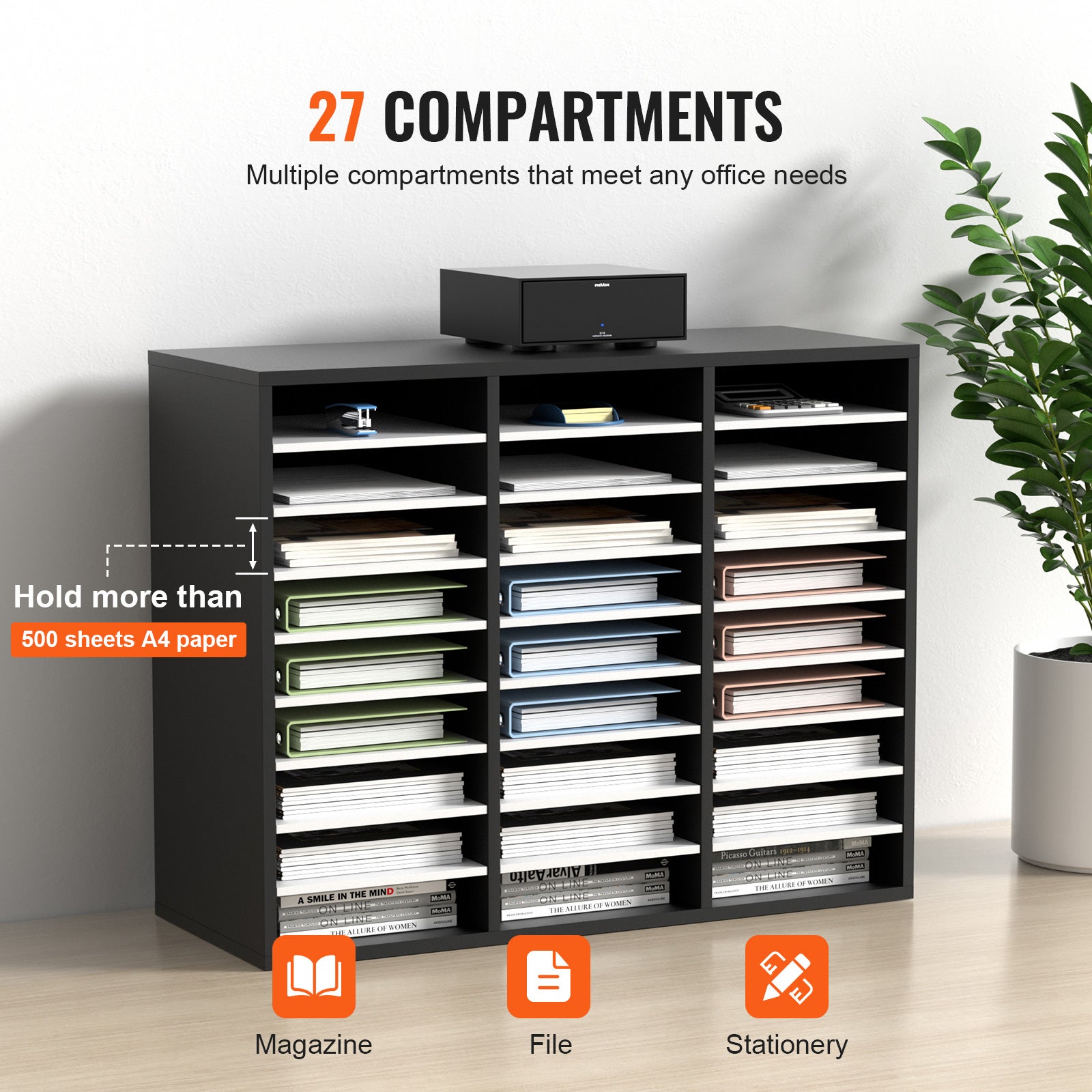 Organisateur Bureau VEVOR 80x30,5x63 cm,Trieur 27 Compartiments,Meuble MDF,Étagères Amovibles,Classeur Papiers Bureau École,Noir et Blanc - 4