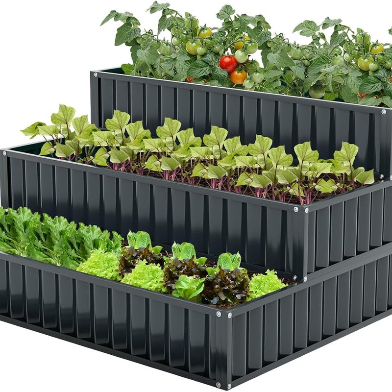 3-Poziomowa Metalowa Donica Schodkowa, Podwyższona Grządka Ogrodowa z Otwartą Podstawą, Warzywa, Kwiaty, Modułowa Konstrukcja, do Ogrodu