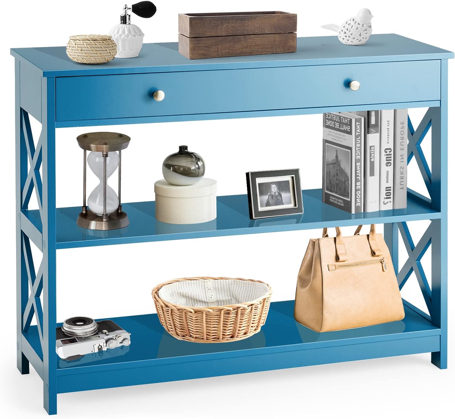 Stolik Konsolowy 3-Poziomowy, Designerski i Nowoczesny, Stolik Pomocniczy z 2 Regałami i 2 Szufladami (Szuflada, Niebieski)