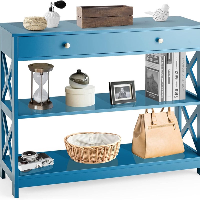 Stolik Konsolowy 3-Poziomowy, Designerski i Nowoczesny, Stolik Pomocniczy z 2 Regałami i 2 Szufladami (Szuflada, Niebieski)