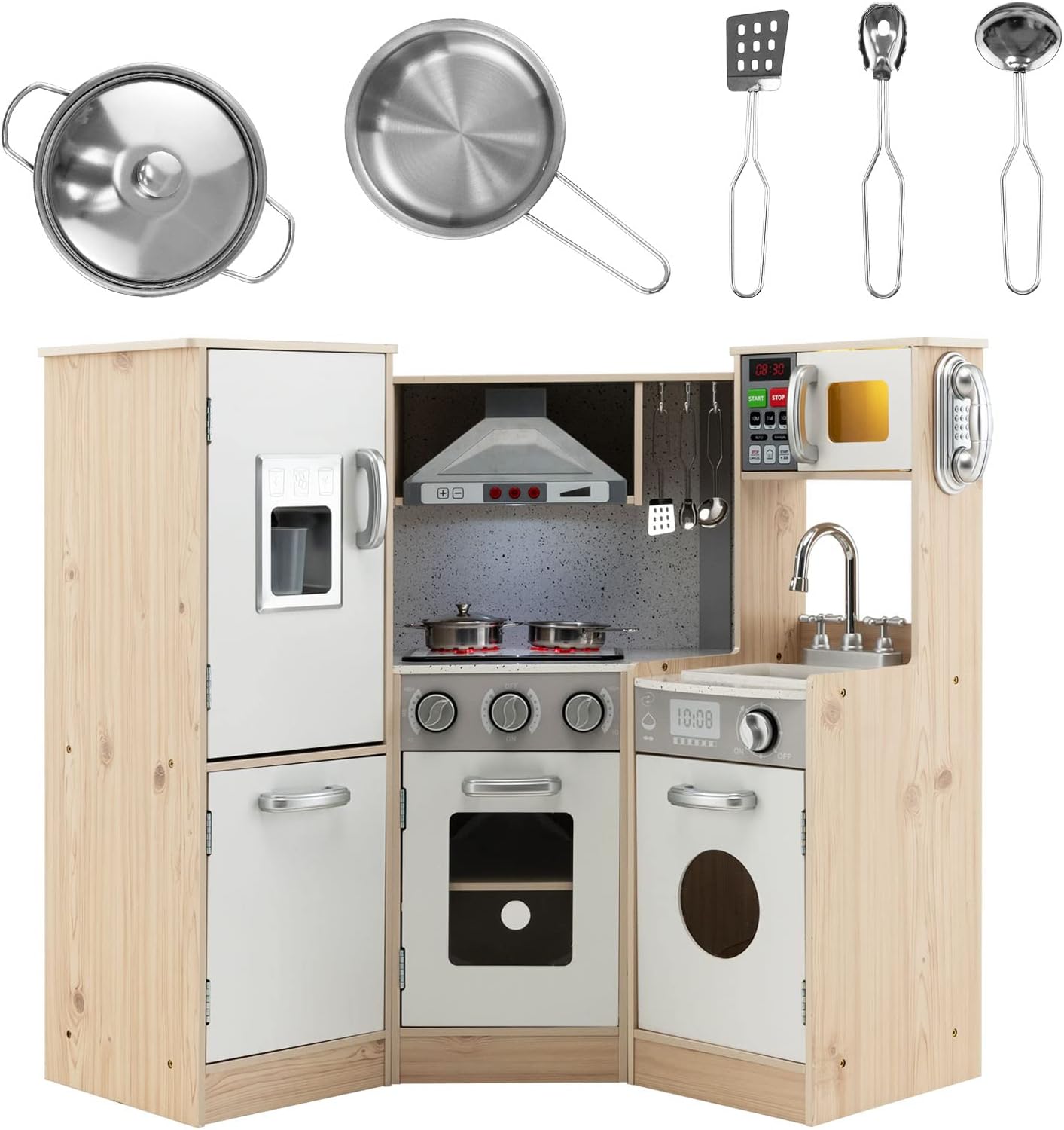 Cuisine Enfants 3 Ans+ COSTWAY en Bois-9 Accessoires avec Machine à Glaçons, Cuisinière, Machine à Laver, Four, Micro-ondes Naturel - Jeux - Jouets Cuisine Enfants 3 Ans+ COSTWAY en Bois-9 Accessoires avec Machine à Glaçons, Cuisinière, Machine à Laver, Four, Micro-ondes Naturel - Jeux - Jouets