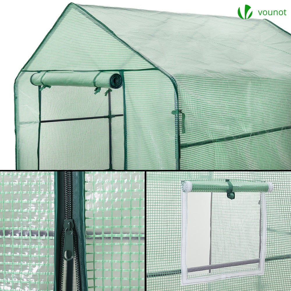 Serre de jardin avec étagères 143x215x195cm vert - bâche renforcée 135g/m², fenêtre moustiquaire, porte enroulable zippée - VOUNOT® - 5