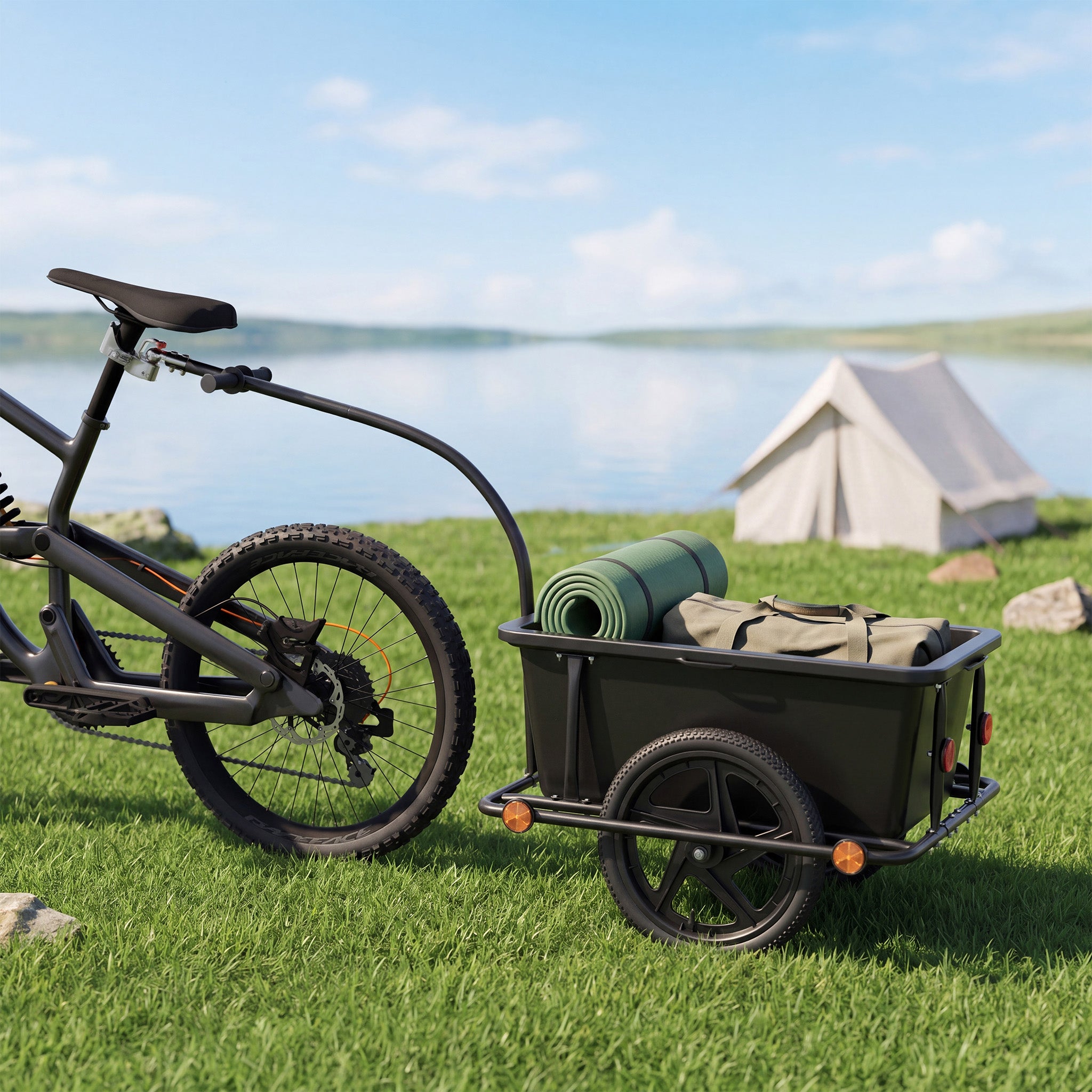 Remorque pour vélo 80 kg max., 1580 x 690 x 510 mm, Bac 90 l, Attelage rapide, Cadre protège-roue, Charrette à bras, Transport de charges… Wiltec - 2