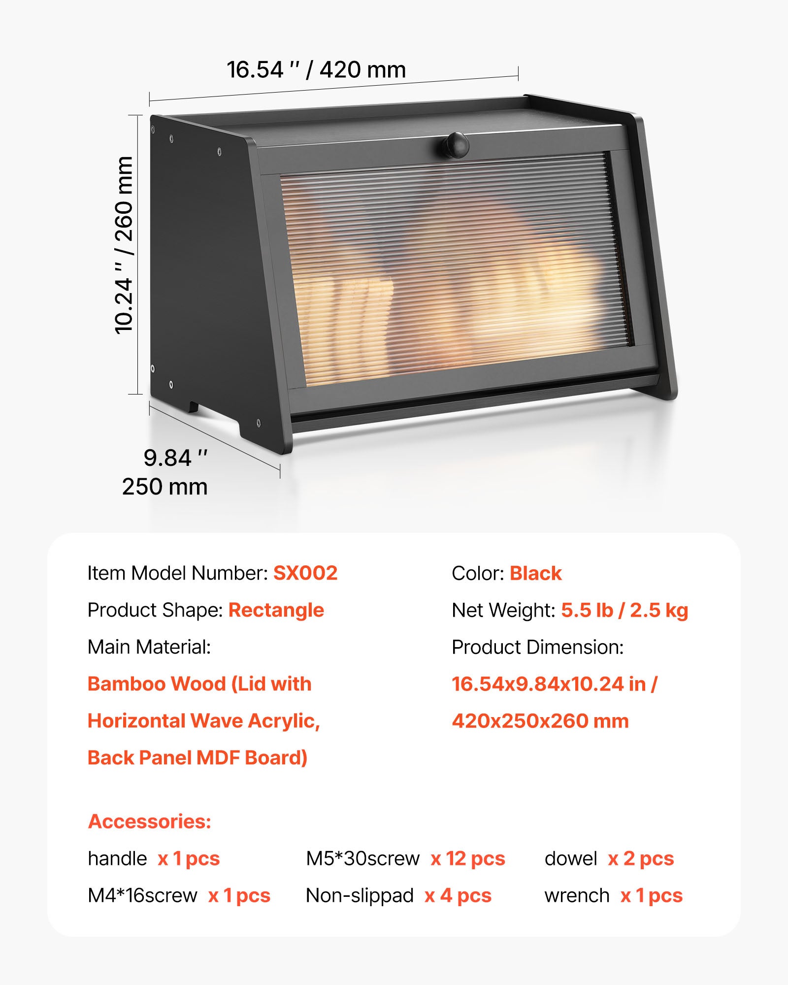 Caja para Pan VEVOR de 1 Nivel para Encimera de Cocina, Estilo Rústico, con Panel de Puerta Corrugado de Acrílico, Color Negro - 7