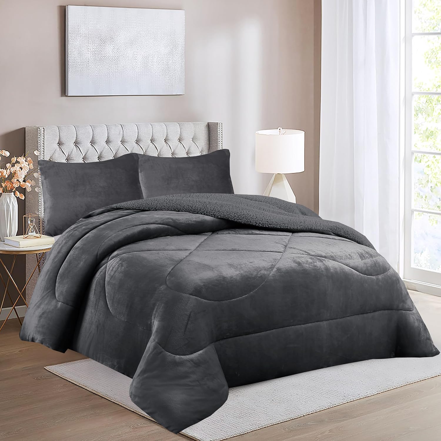 HaraDeco Manta Sherpa para Cama con Fundas Almohada, Edredón