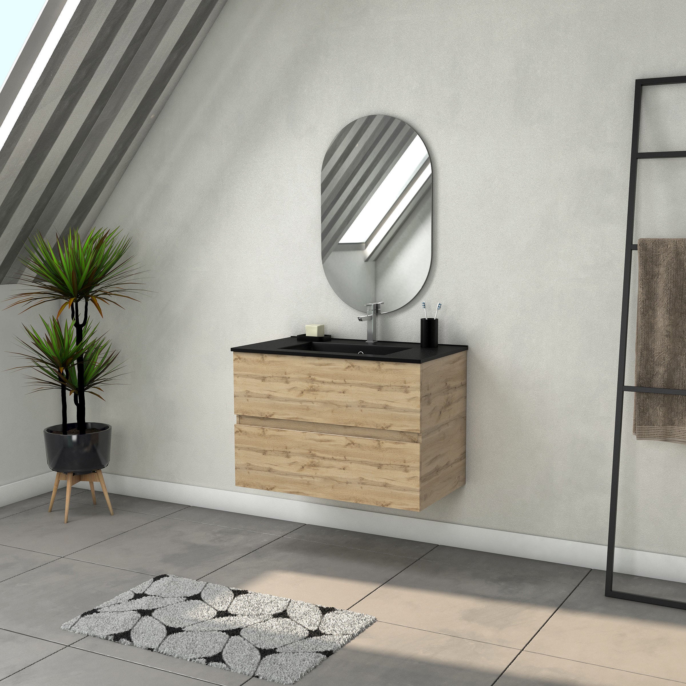 Mueble baño 80 cm roble 2 cajones + lavabo negro + espejo ovalado