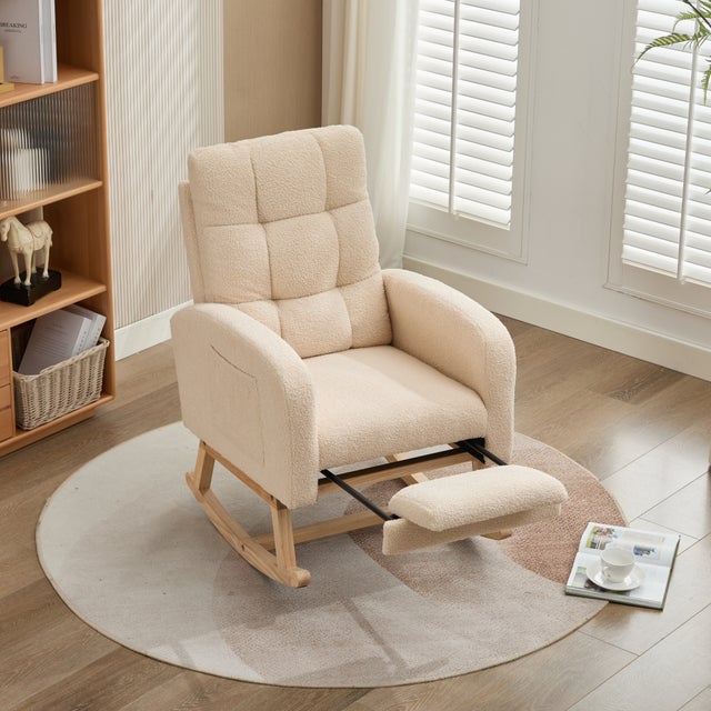 Fauteuil à bascule en velours teddy avec repose-pièds et accoudoirs - 132 x 50 x 99 cm - Structure en bois massif - Beige