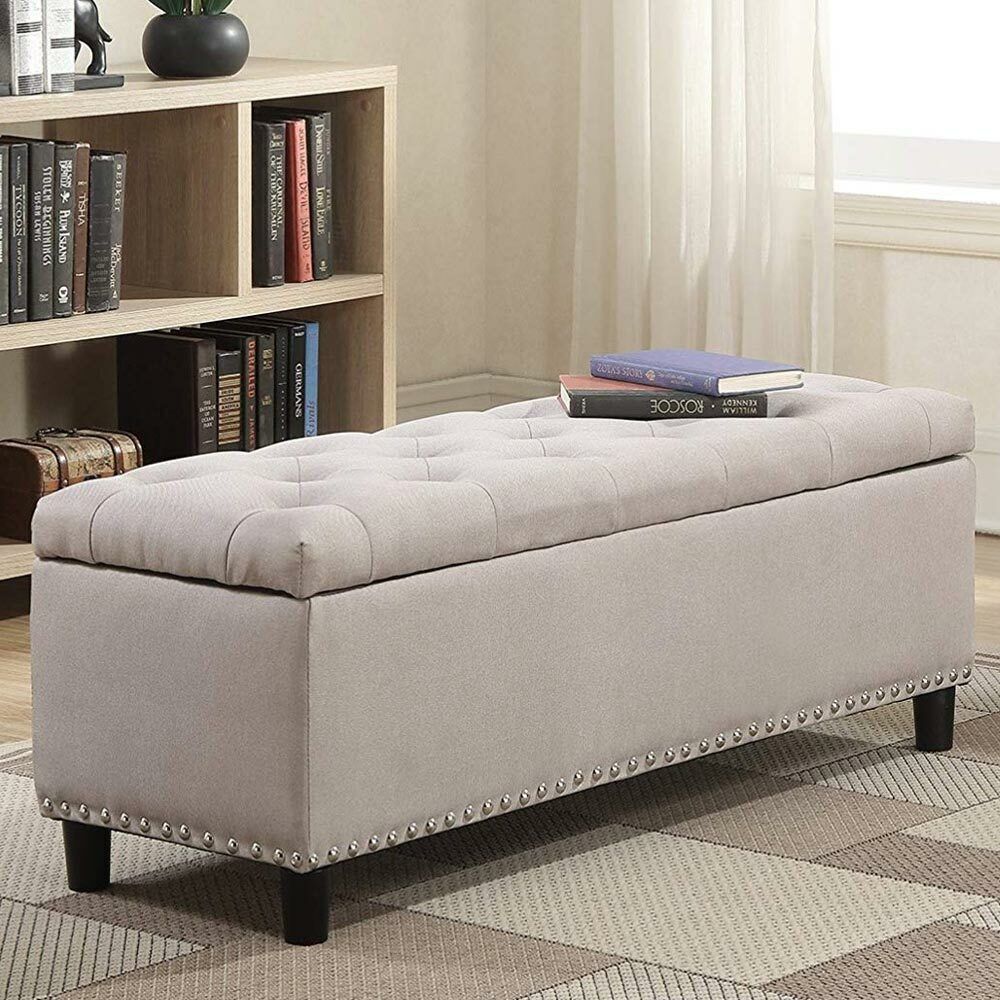 Cassapanca Pouf Contenitore Panca Sgabello Poggiapiedi Legno e Tessuto Beige - 4