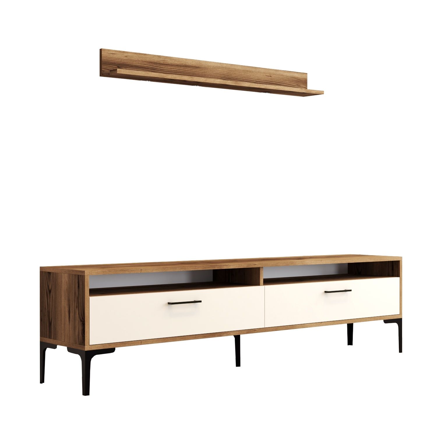 Grand Meuble TV En Bois Clair 320cm, Nombreux Rangements, étagères Et Tiroirs