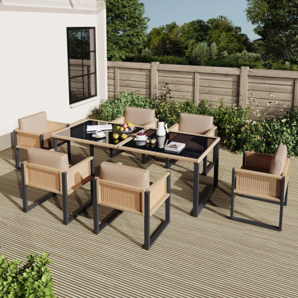 Ensemble table et chaises polyrattan – mobilier jardin 6 personnes, housses amovibles et lavables. - 4