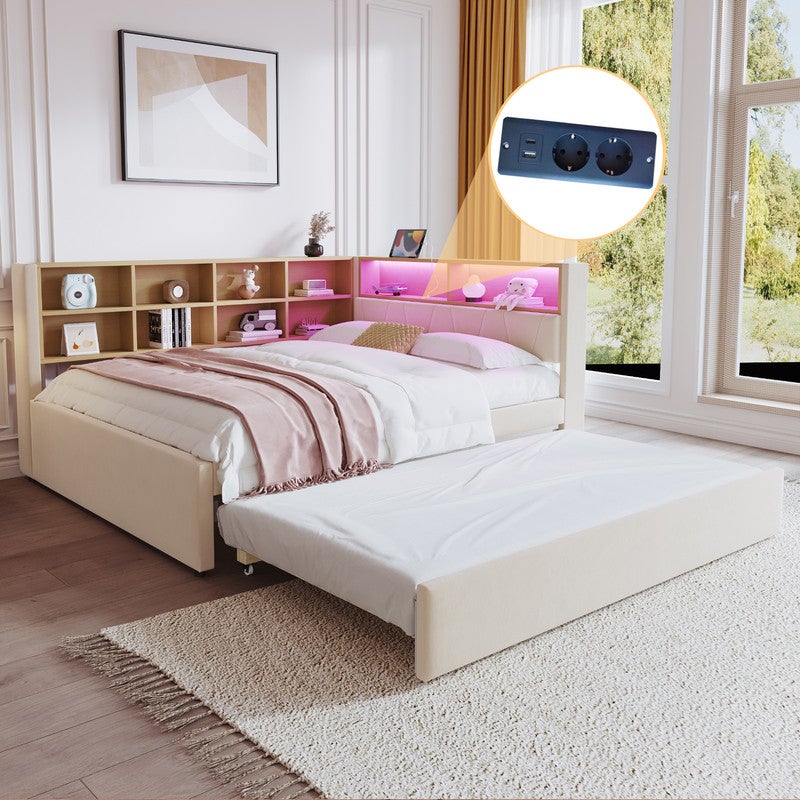 Sofa rozkładana 140x200 - z łóżkiem wysuwanym 90x190 cm - z wtyczką USB - dużo miejsca do przechowywania - łóżko tapicerowane - beżowy
