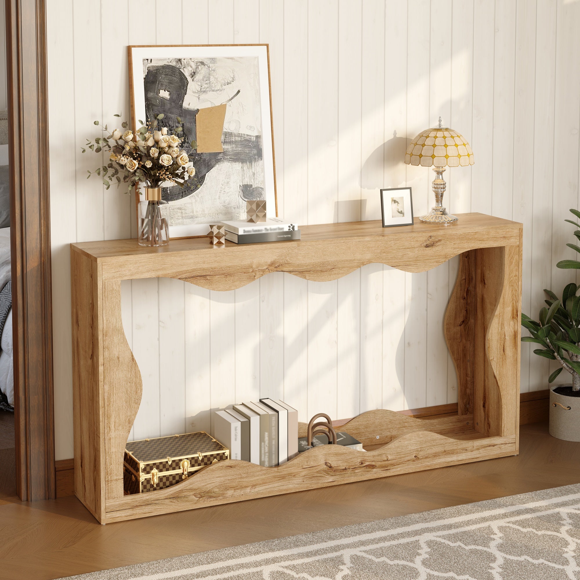 Table console à 2 niveaux avec design ondulé - 160,5 x 30 x 86,5 cm - Panneaux de particules - Structure ajourée effet bois - Naturel - 5