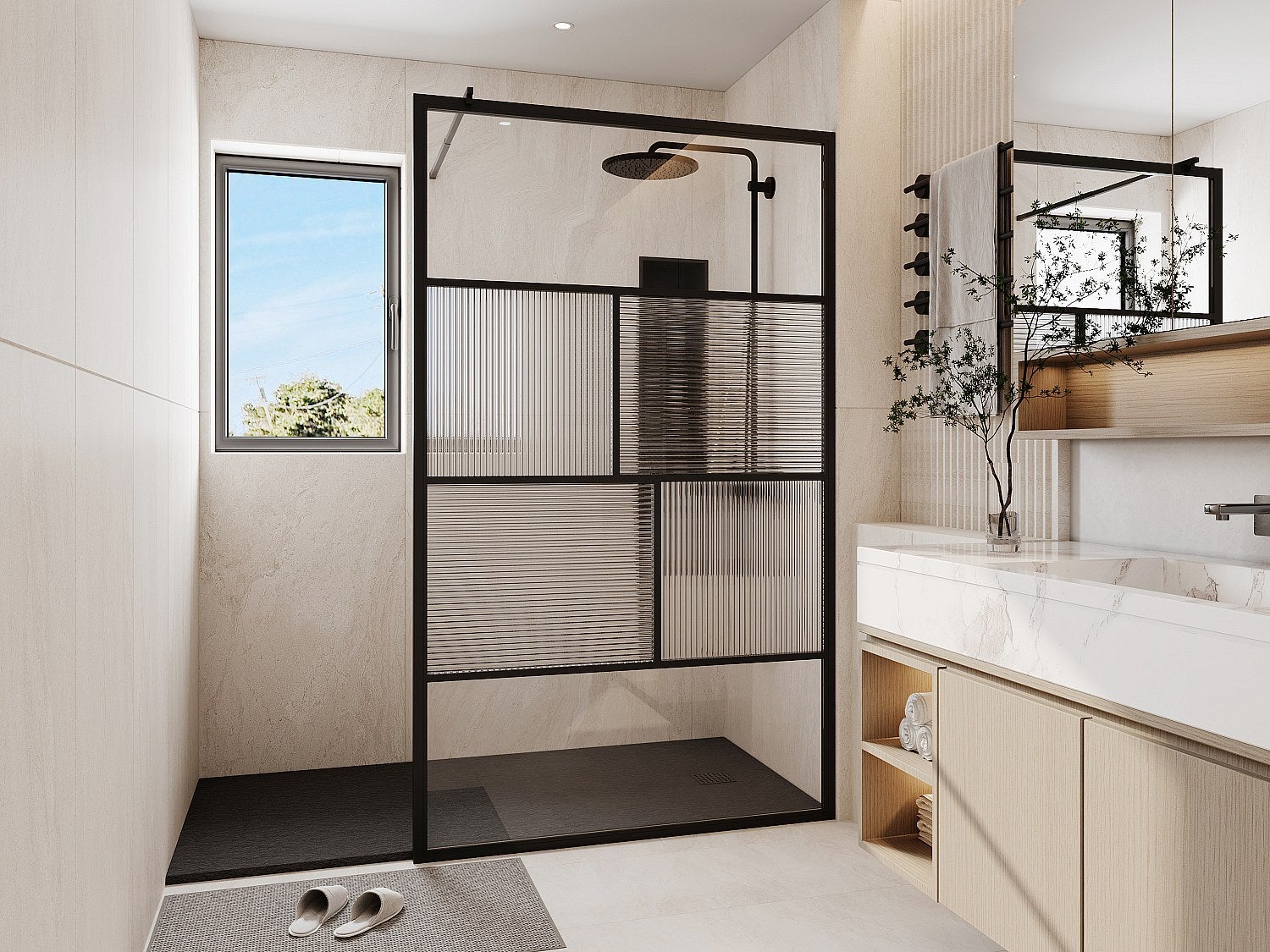 Ścianka prysznicowa do kabiny walk-in teksturowana z sitodrukiem - Czarny mat - 120 x 200 cm - SLOMENA