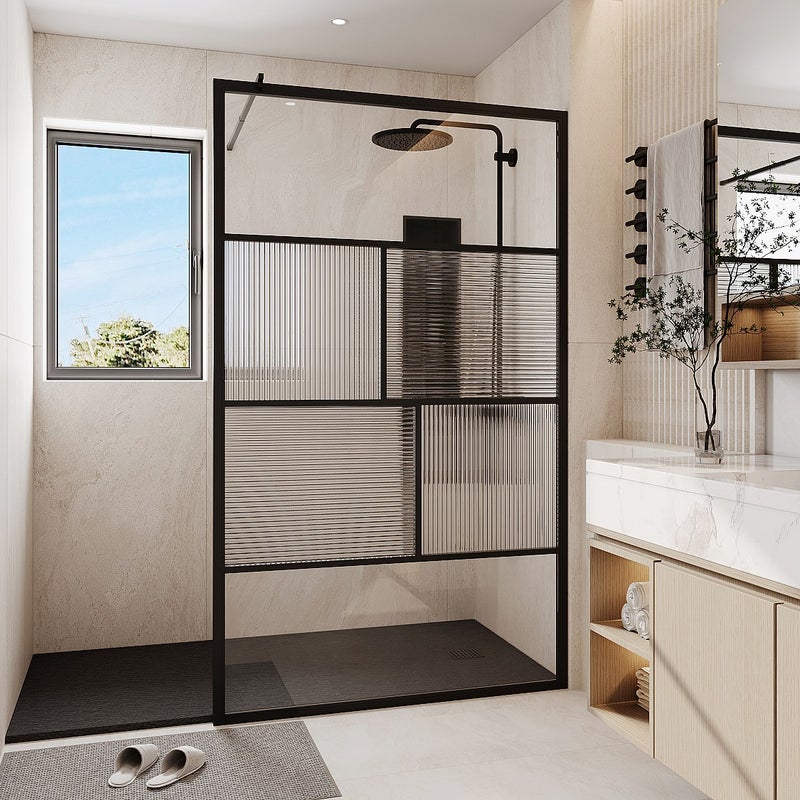 Ścianka prysznicowa do kabiny walk-in teksturowana z sitodrukiem - Czarny mat - 120 x 200 cm - SLOMENA