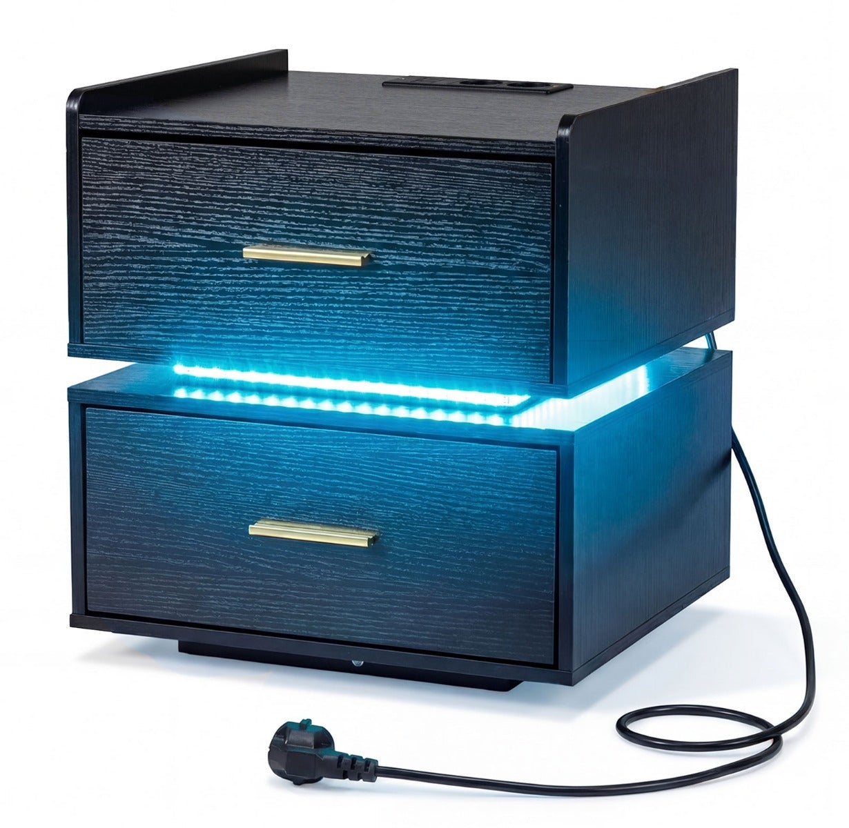 Essenza Mesita De Noche Con Estación De Carga Led 2 Cajones Almacenamiento Semi-Flotante Base Metal Para Salón Dormitorio Negro , Leroy Merlin