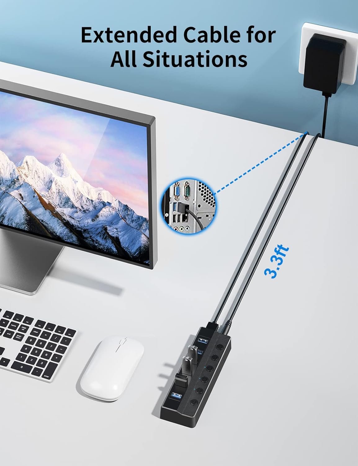 6-portowy koncentrator USB 3.0, rozdzielacz USB do laptopa z osobnymi przełącznikami włączania/wyłączania i lampkami kontrolnymi, kabel 90 cm, Prolo - 5