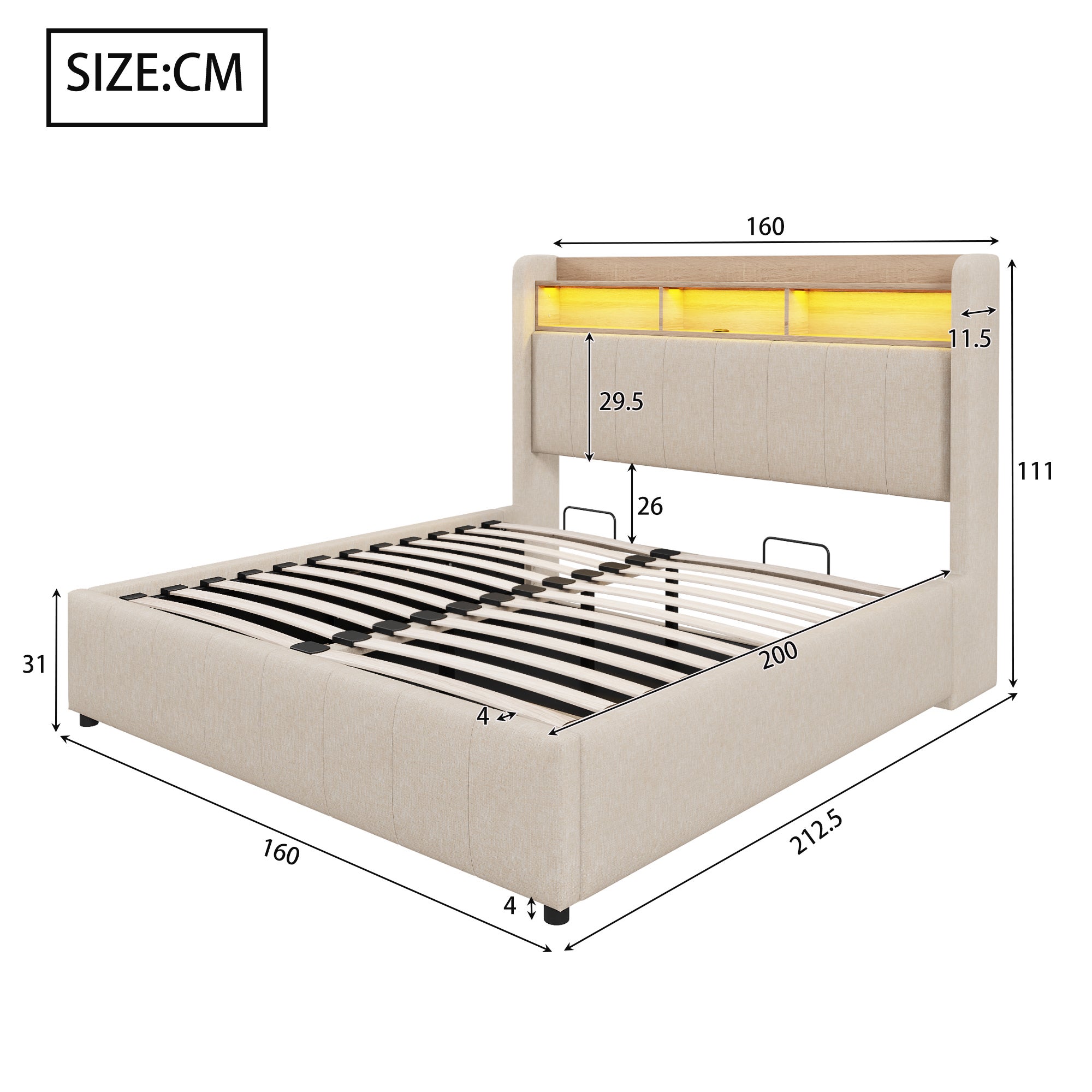 Lit coffre lit double 160 x 200 cm lit capitonné avec éclairage LED, prises USB et rangement, lin, beige - 4