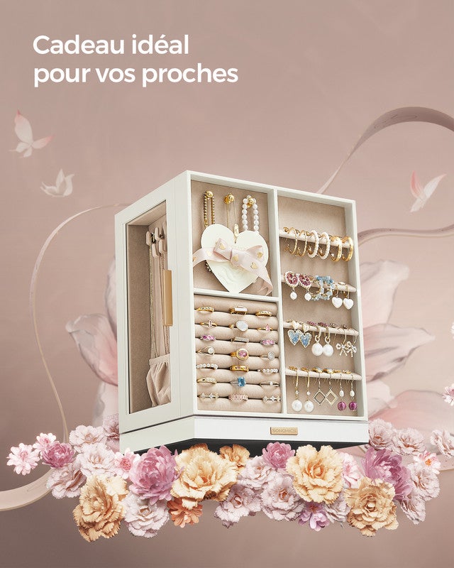 Boîte à Bijoux Pivotante sur 360°, avec 5 Tiroirs, Fenêtres en Verre Latérales, Grand, Rangement pour Accessoires, Design Ouvert, Blanc Nuage - 6