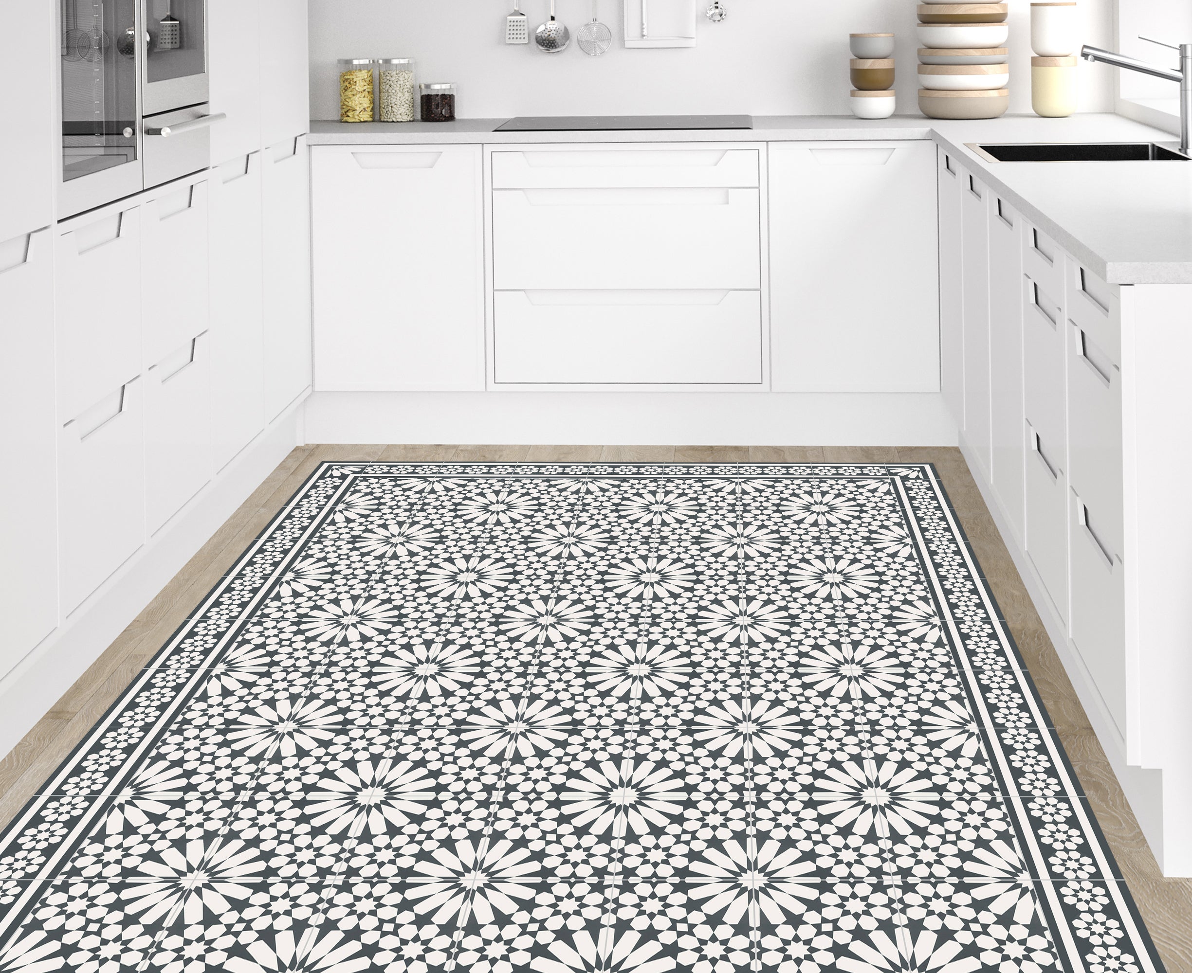 Tapis antidérapant en vinyle Samara gris oscuro 133x200 cm - PVC imprimé, lavable, ignifuge, pour le salon ou la cuisine, style hydraulique, gris - 2