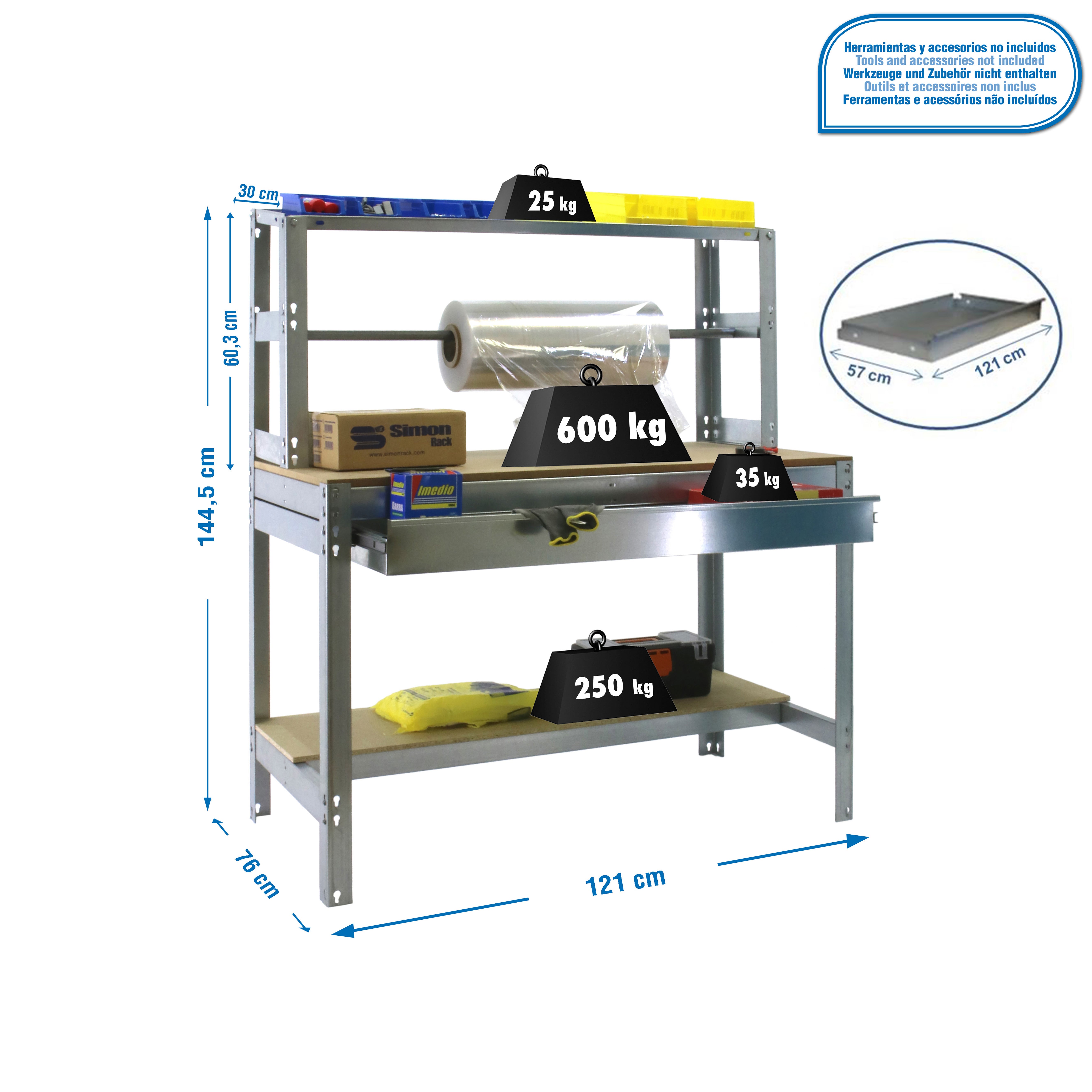 Bancada de trabalho SIMONWORK com 3 prateleiras (144,5x121x76cm) GALVA E MADEIRA - 2