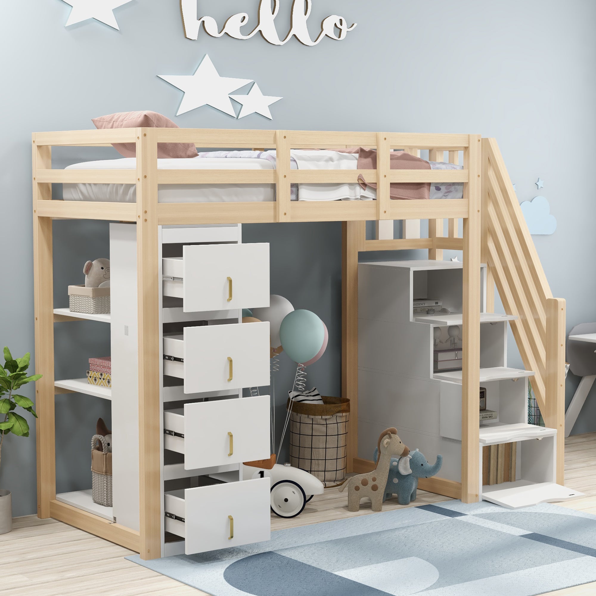 Letto A Castello 90×200 In Pino Grigio – Con Scala A Cassetti, Armadietti E Rete A Doghe, Massima Sicurezza E Spazio Per La Cameretta