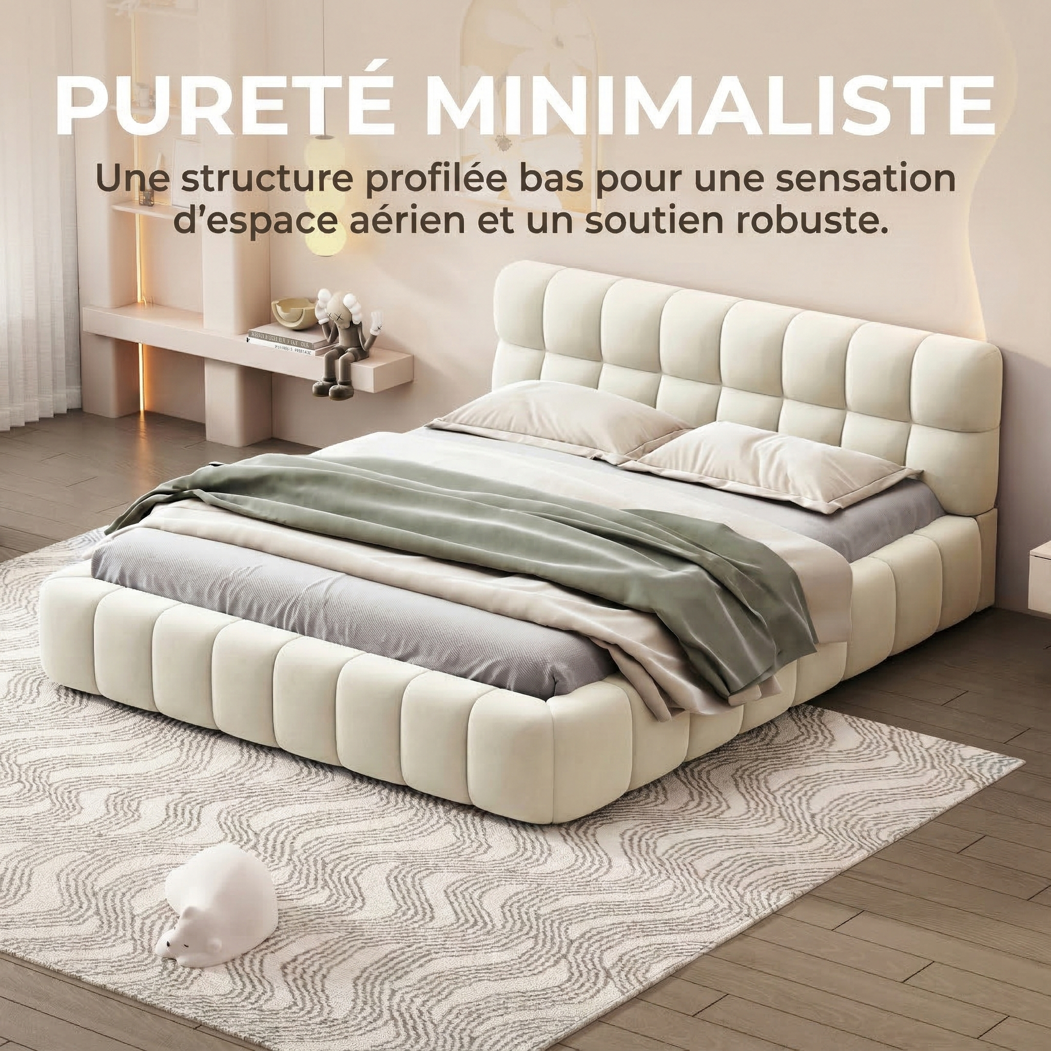 Cama doble 160x200 cm con cabecero forma nube, somier de láminas de madera, estructura metálica, cama acolchada de algodón y lino beige - 6