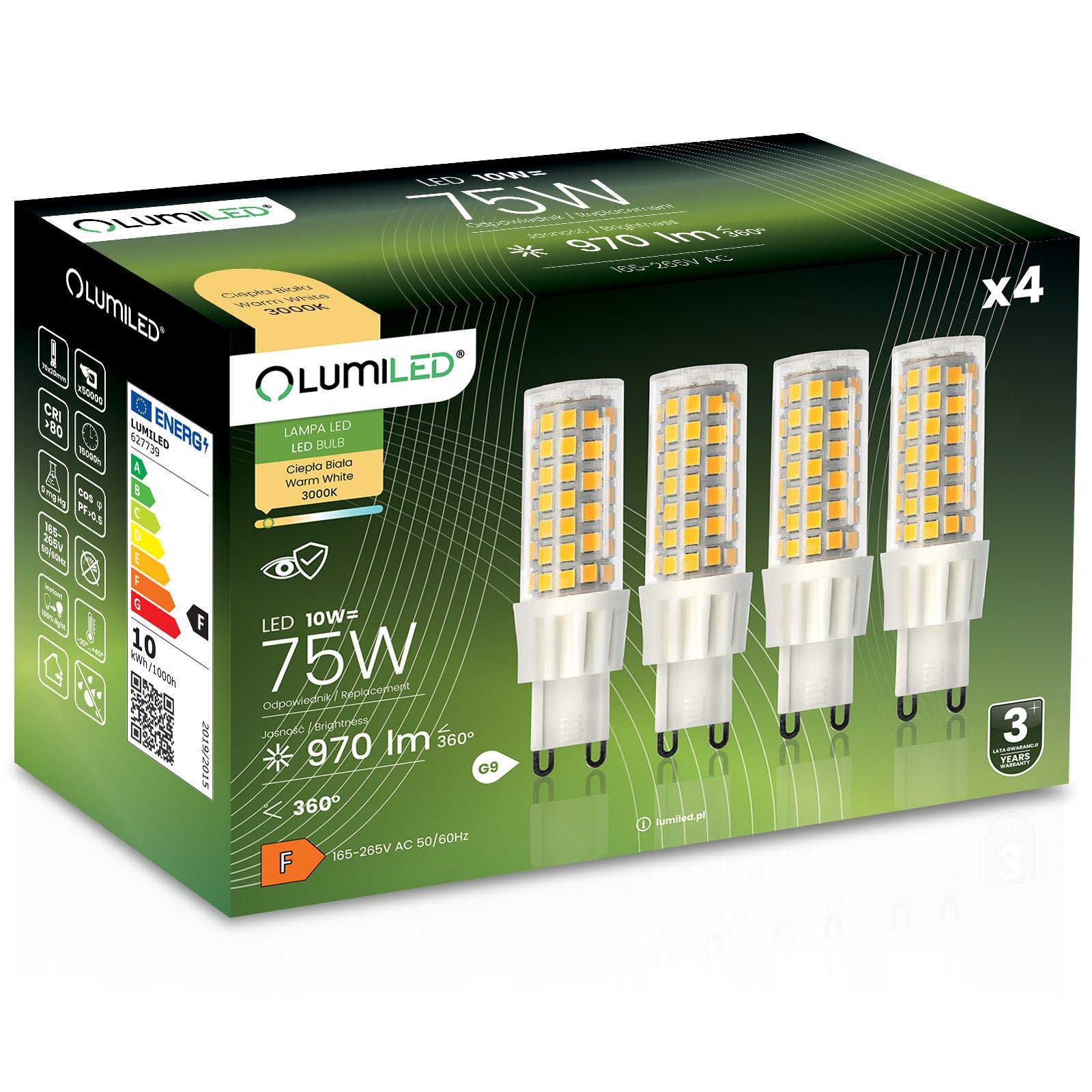4x Żarówka Lumiled LED G9 Kapsułka 10W = 75W 970lm 3000K Ciepła 360st