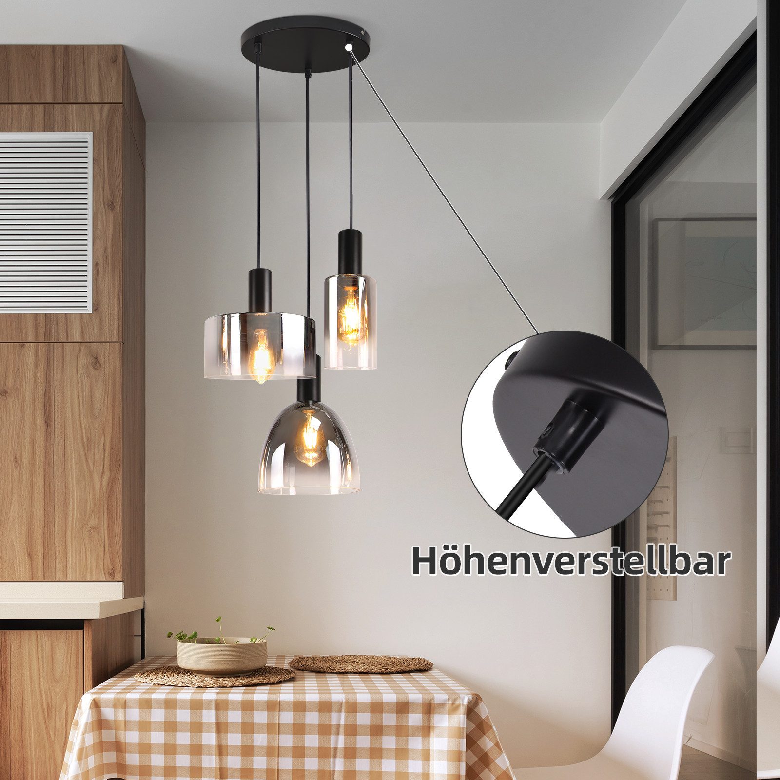 NETTLIFE Lampe à Suspension Pour Table à Manger Vintage En Verre Gris Fumé E27 Réglable En Hauteur Pour Salon - 7