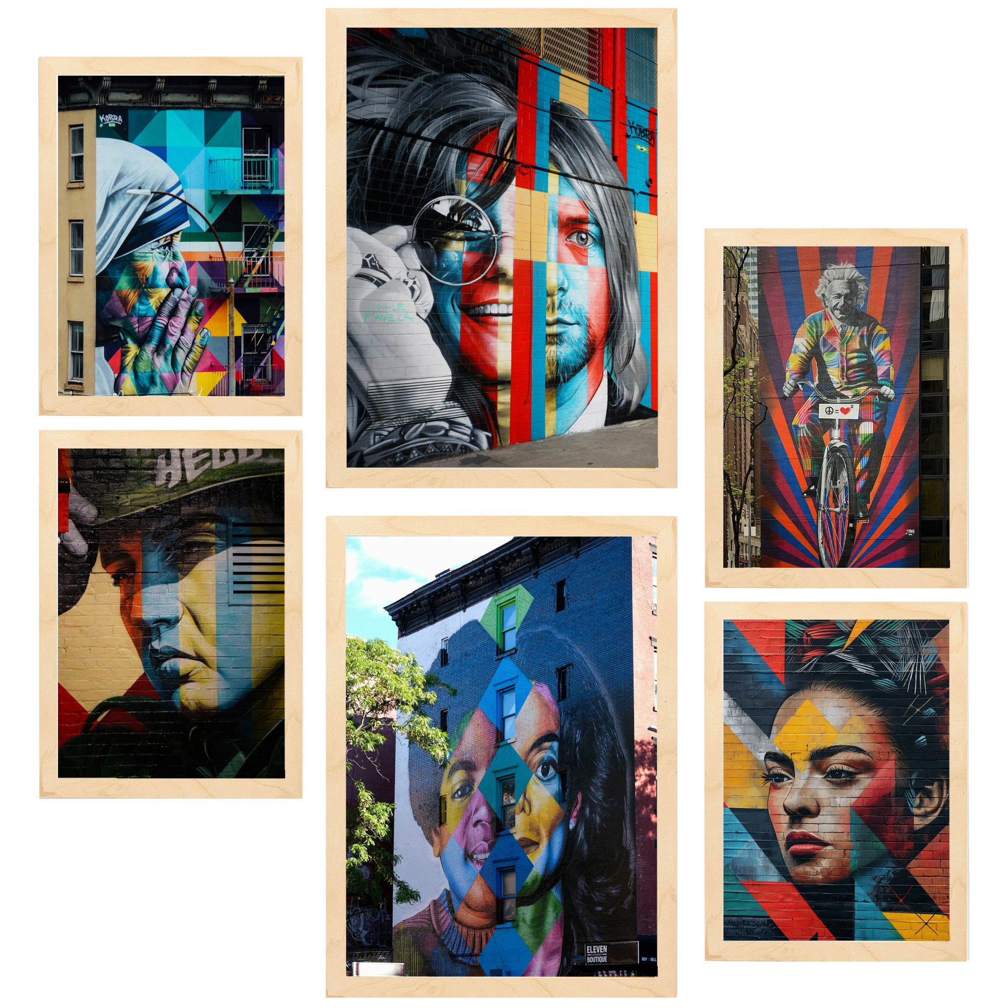 Nacnic set de 6 pósters graffiti arte callejero, nirvana, jopplin, frida, presley marco madera clara