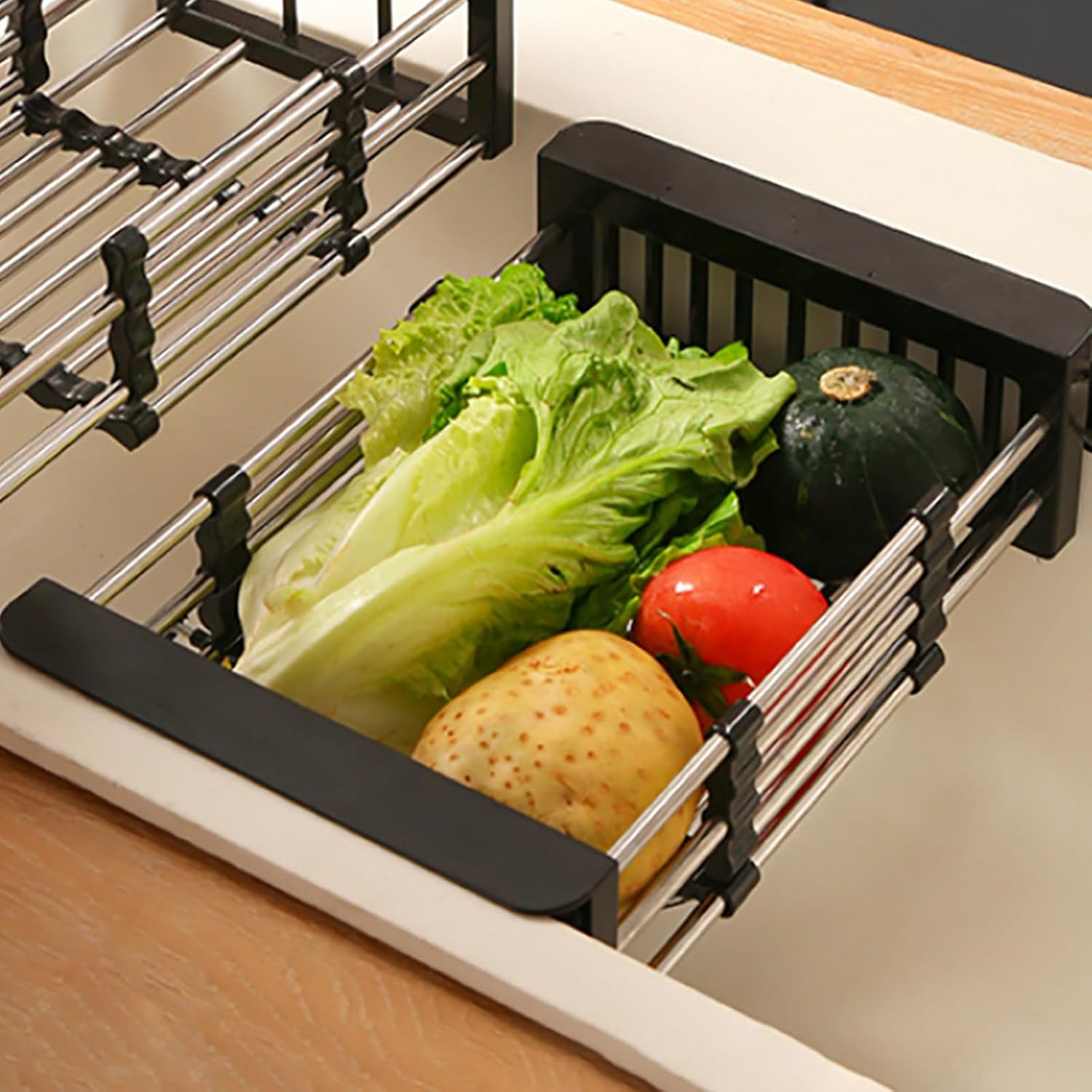 Égouttoir de cuisine pliable en acier inoxydable, grille d'égouttage, égouttoir à vaisselle, accessoire de cuisine, noir, 17 cm de large. - 6
