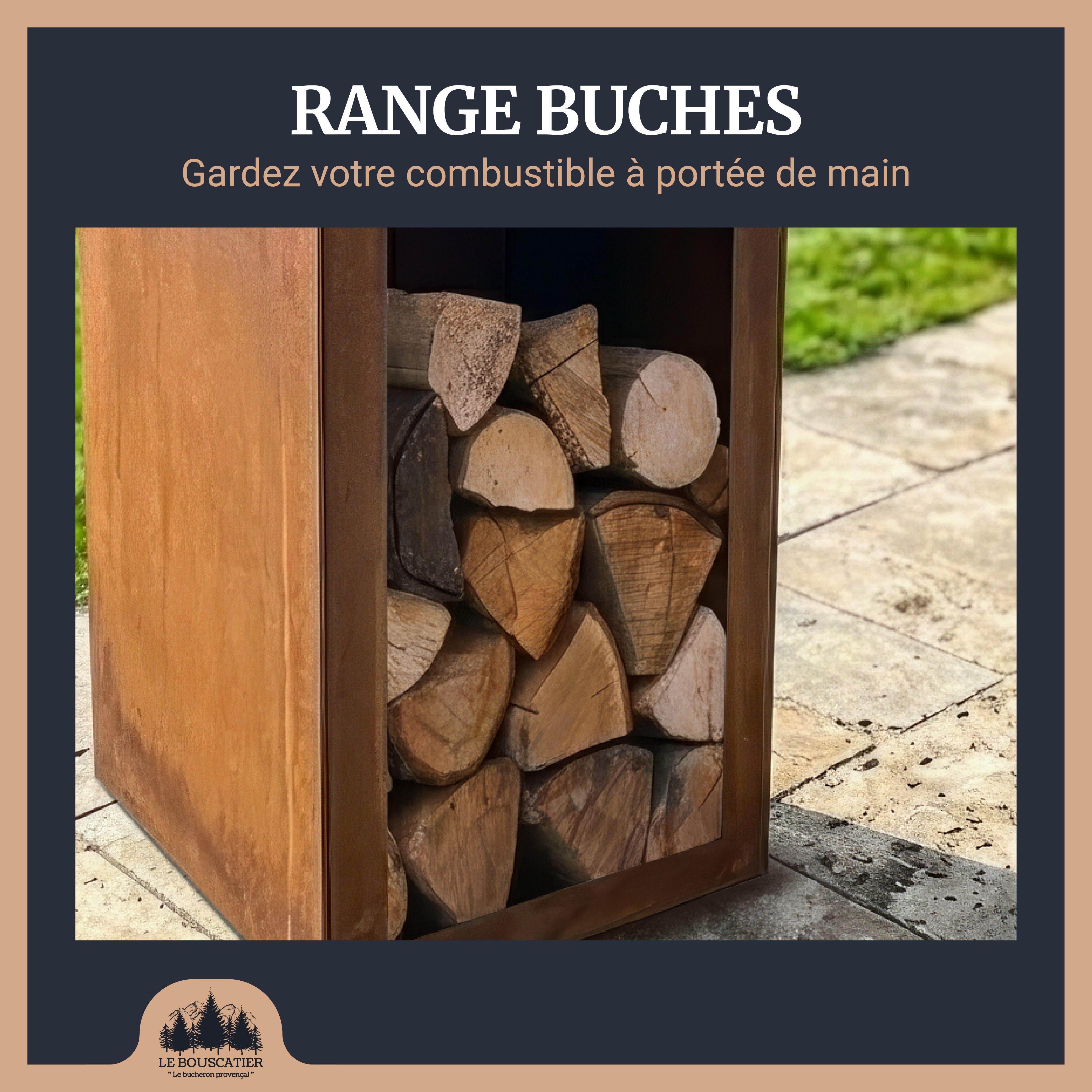 Lou Provençau carré 62x62x75cm - Brasero plancha en acier corten avec rangement bûches - grille de cuisson, stop food et kit d'allumage offert - 3