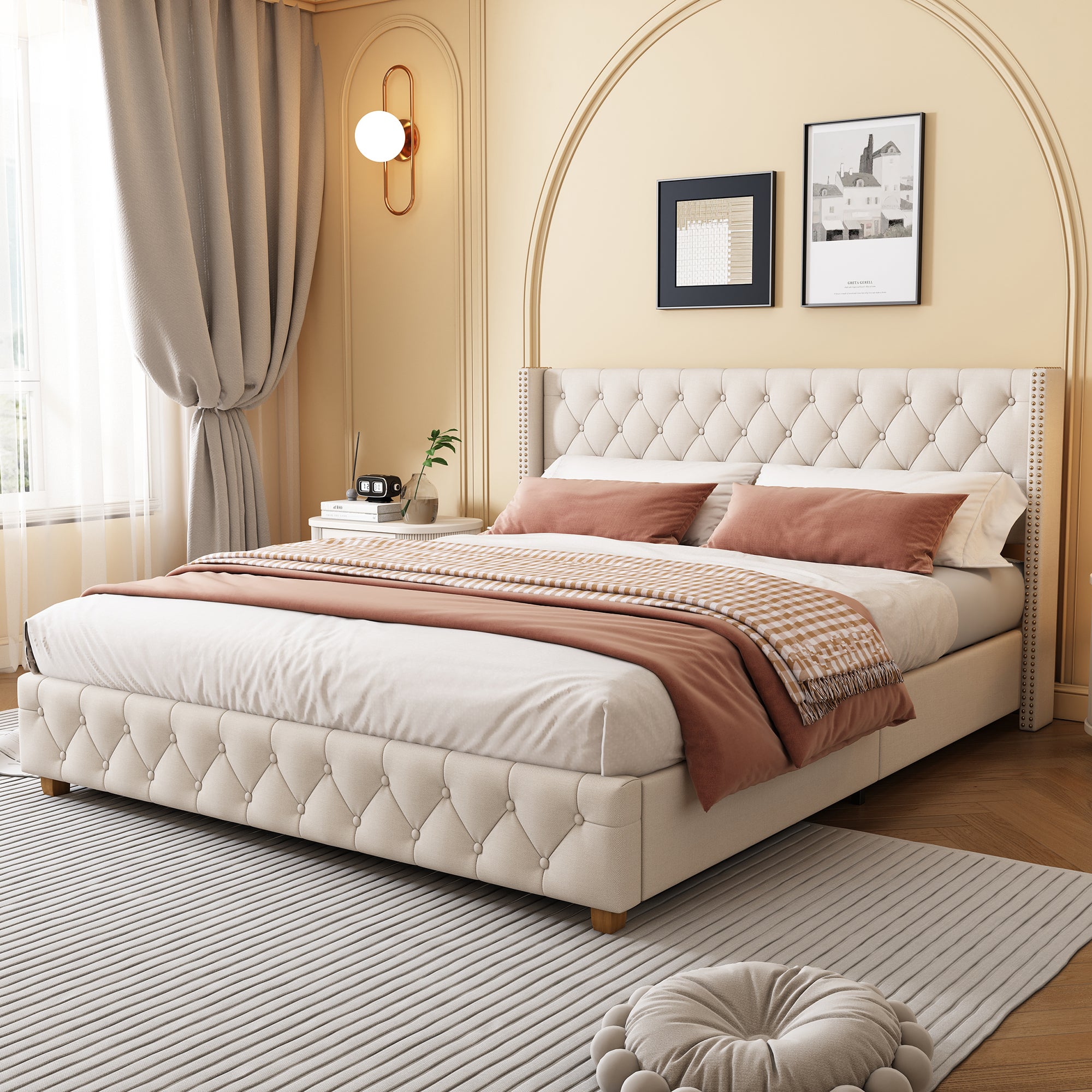 Lit Double 160x200 cm - Lit Classique Beige en Lin - Tête de Lit Capitonnée, Sans Matelas - 2
