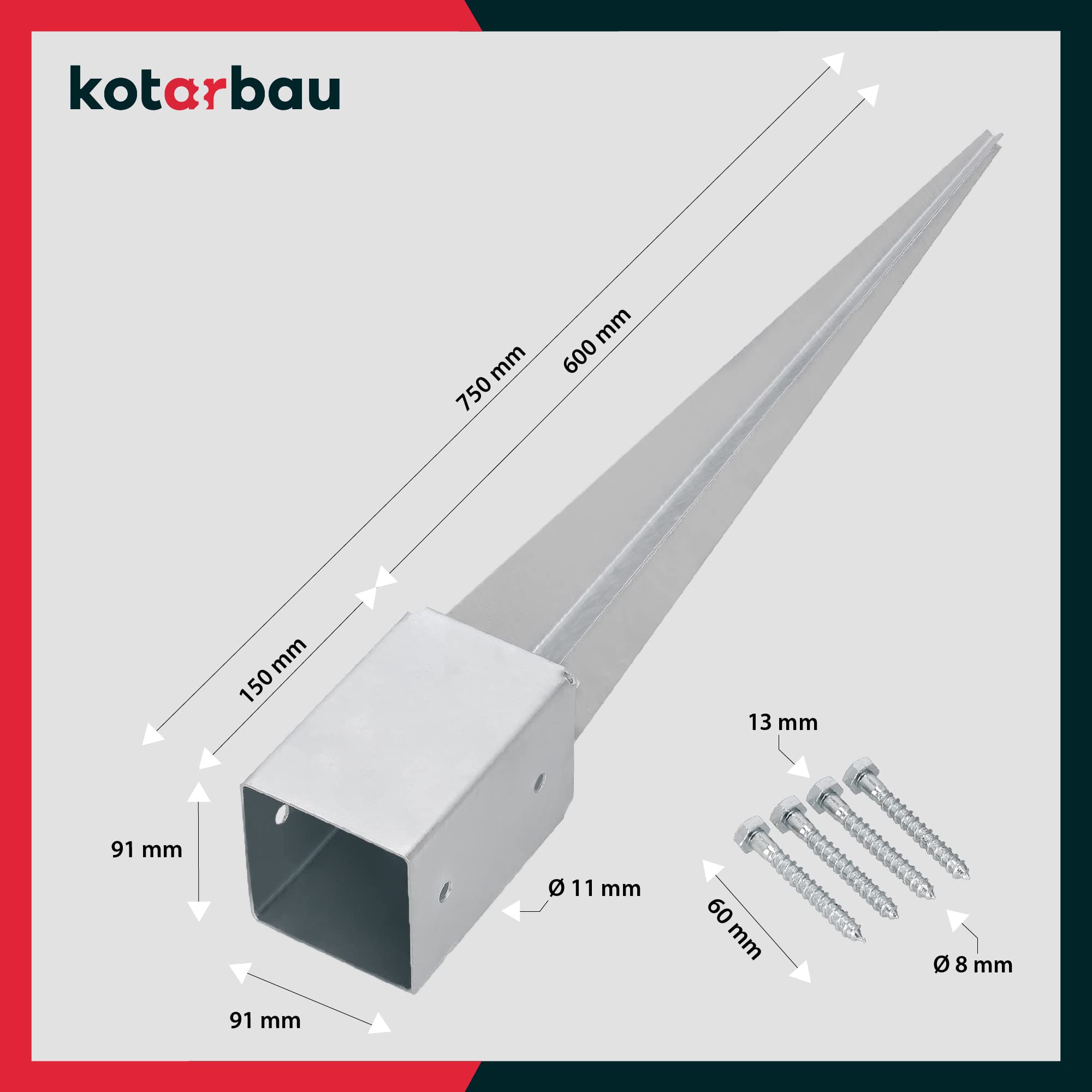 Support de Poteau a Enfoncer 91 x 91 mm Longueur 750 mm - Pied de Poteau Galvanisé à chaud - KOTARBAU - 3