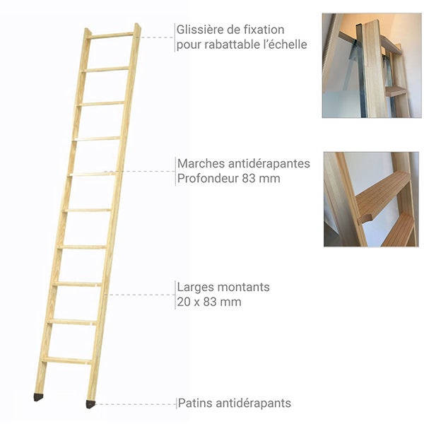 Echelle de meunier rabattable Naturel 10 marches - Hauteur de sol à sol 2,37m - EC-MEZZ-RAB-NA-10 - 4