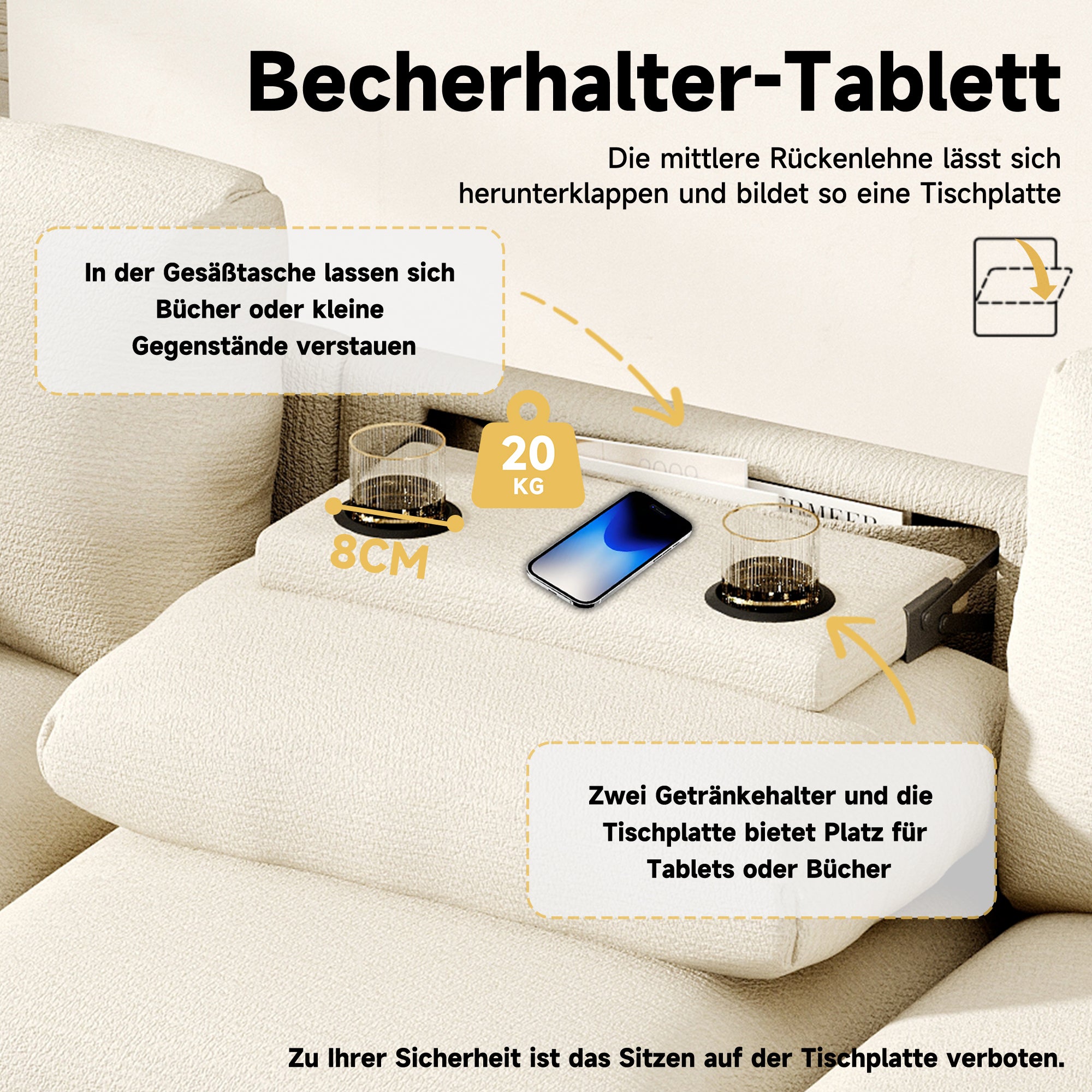 Canapé droit 3 places avec table rabattable, USB, porte-gobelet, rangements et coussins en chenille beige - OKMYHOME - 4