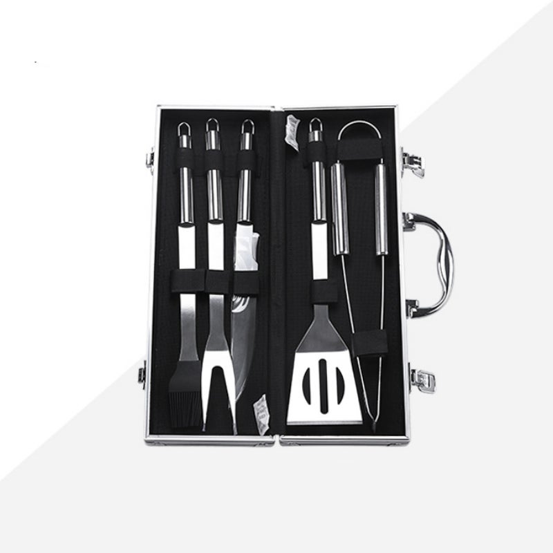 5-częściowy zestaw narzędzi do grilla ze stali nierdzewnej z aluminiowym pudełkiem do przechowywania – na wszystkie Twoje potrzeby, 37 x 13 x 7 cm