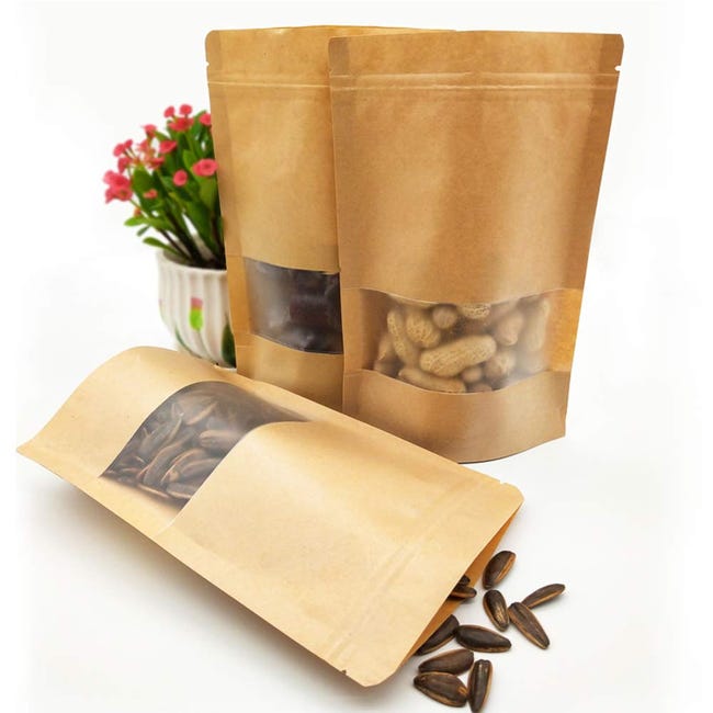 50 sacchetti di carta kraft con chiusura a zip, per alimenti