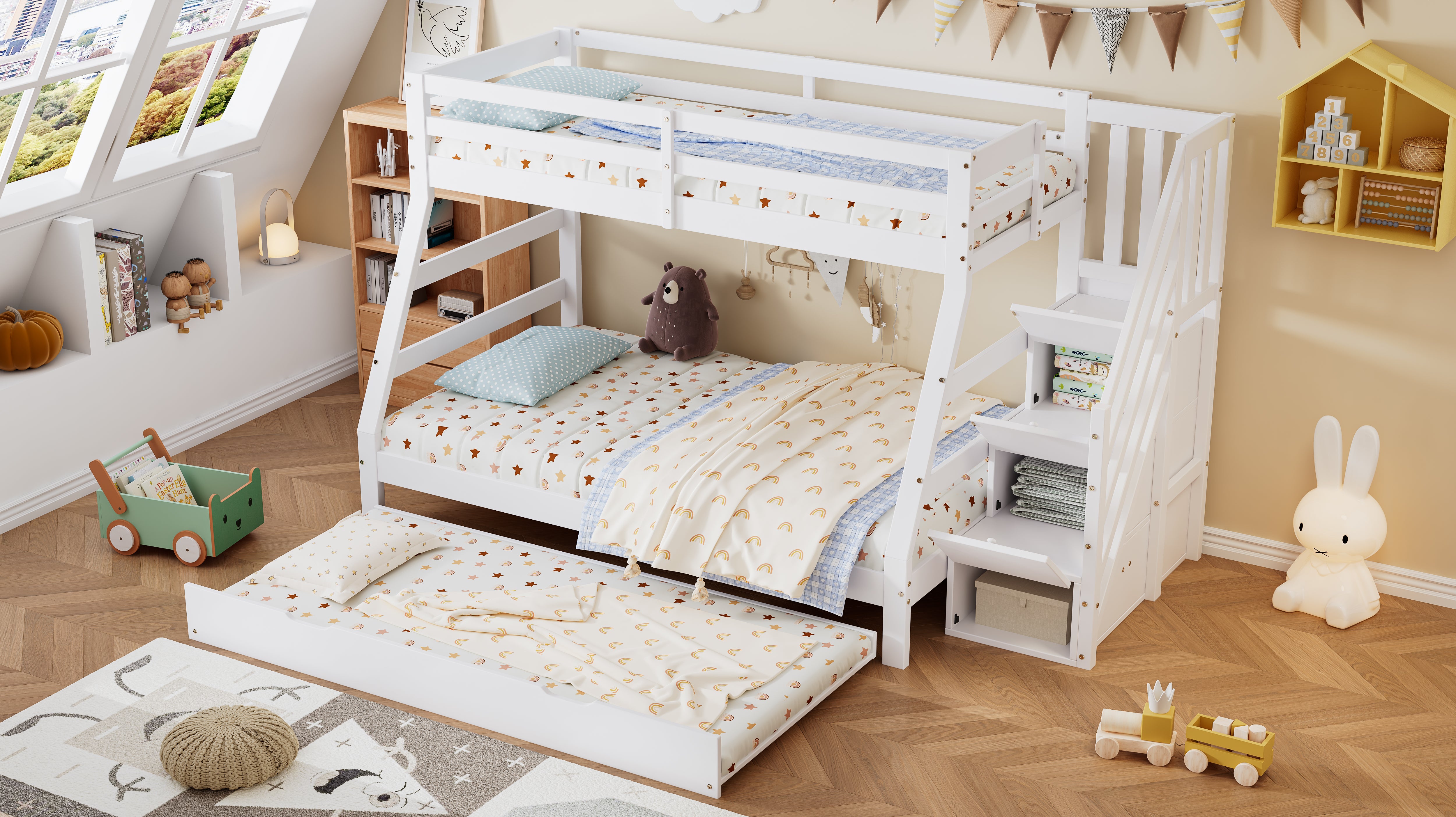 Letto a castello 90/120x200CM con letto estraibile, letto per bambini con scaletta, armadio e corrimano, bianco - 7