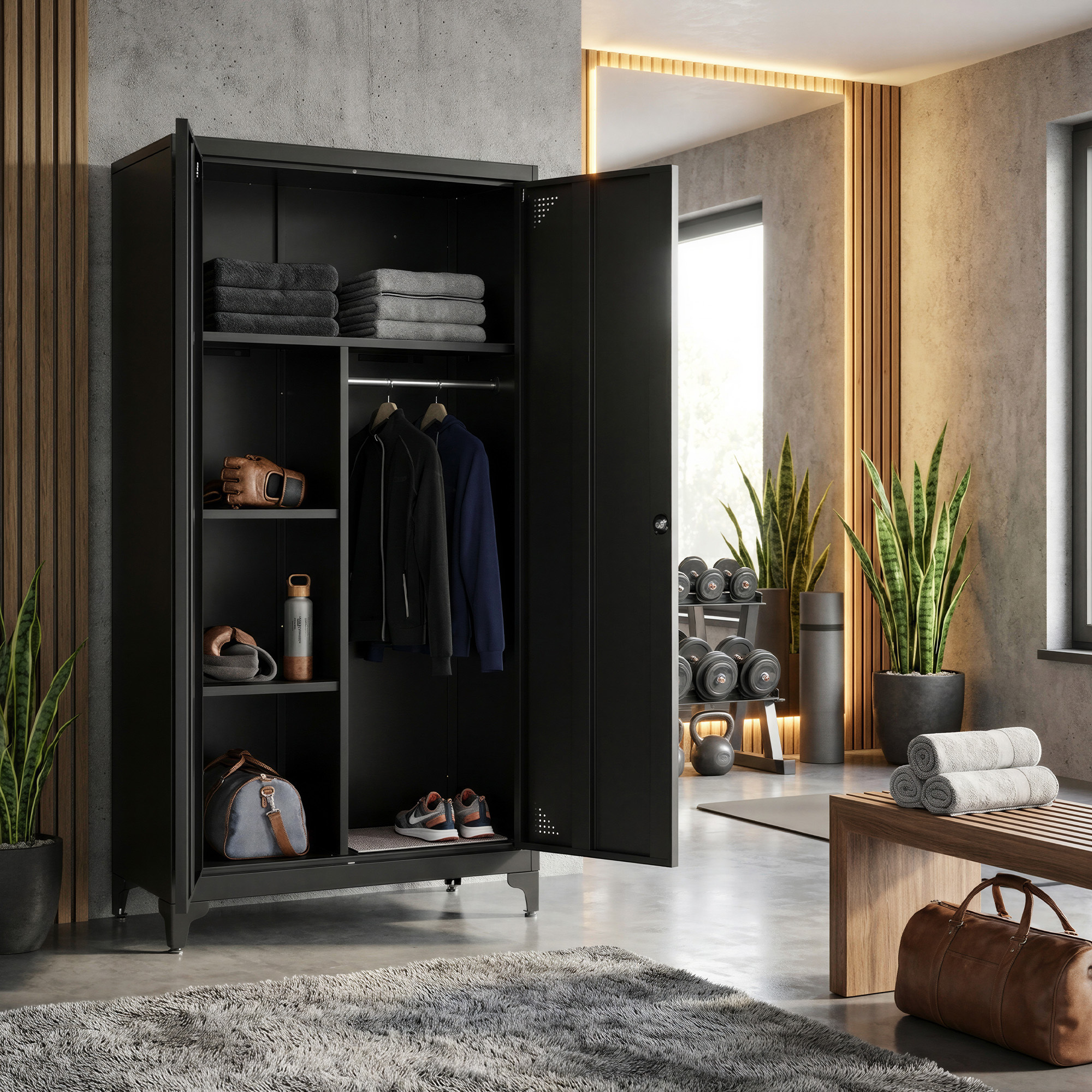 Armoire Métallique avec Tringle, 2 Portes, 5 Compartiments, Verrouillable, Pieds Hauts, Noir - 3