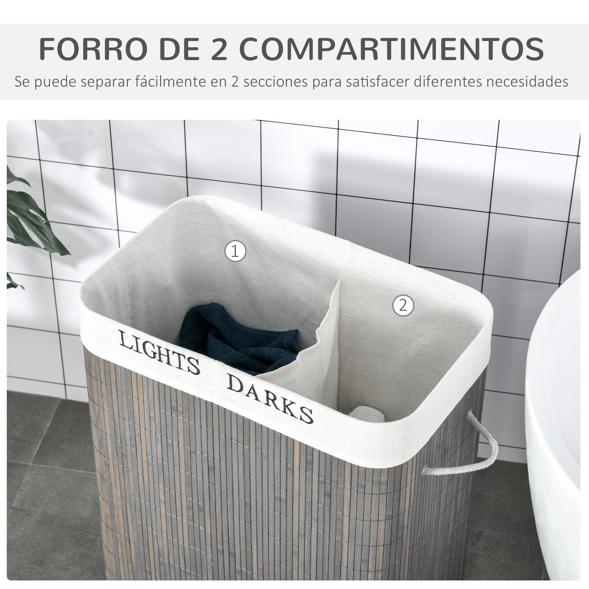 Panier linge bambou capacité 100 L, couvercle amovible, sac 2 compartiments, 52x32x63 cm, gris - 8