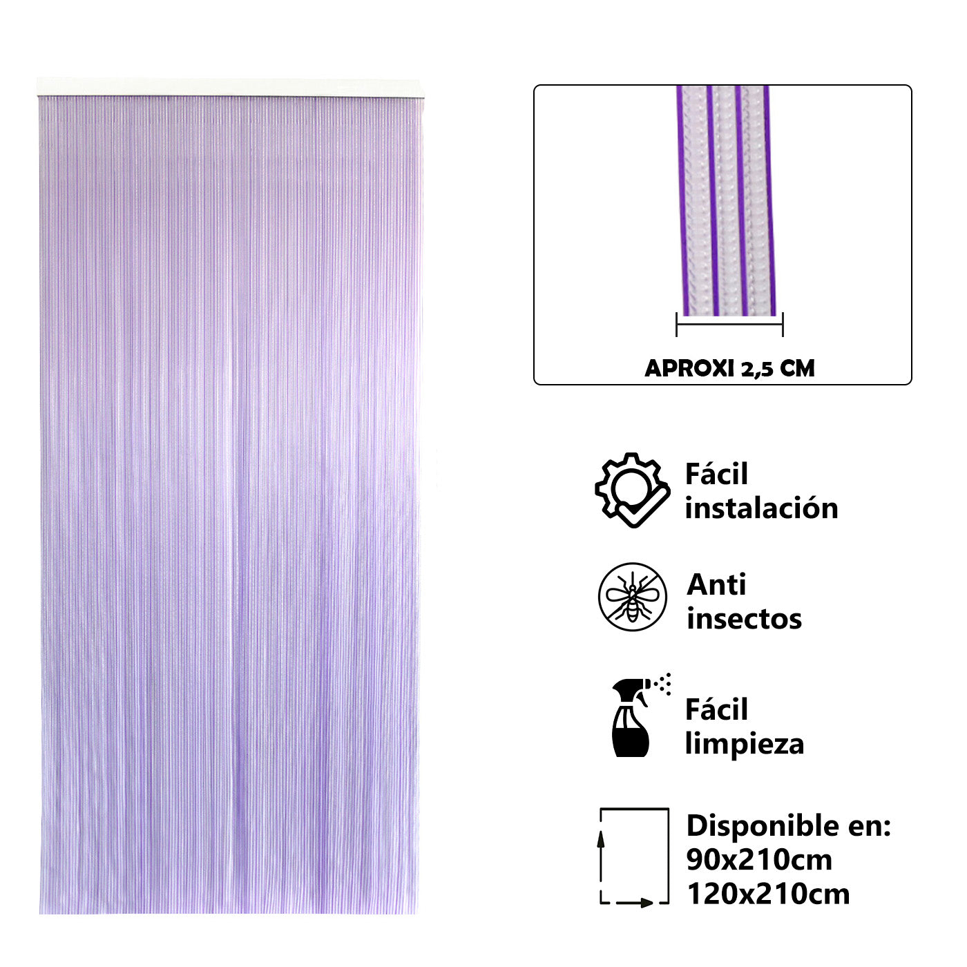 Aitsse- cortina de pvc para puerta exterior o interior con barra de aluminio (210x90cm, transparente+filo lila p9)