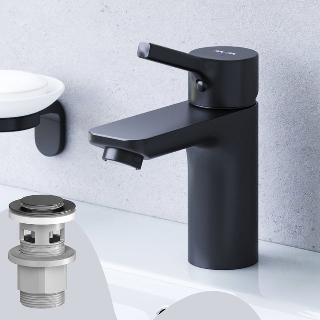 Mitigeur de lavabo avec bonde clic clac, Robinet de lave-mains, Noir, taille S, FXB82122, AM.PM