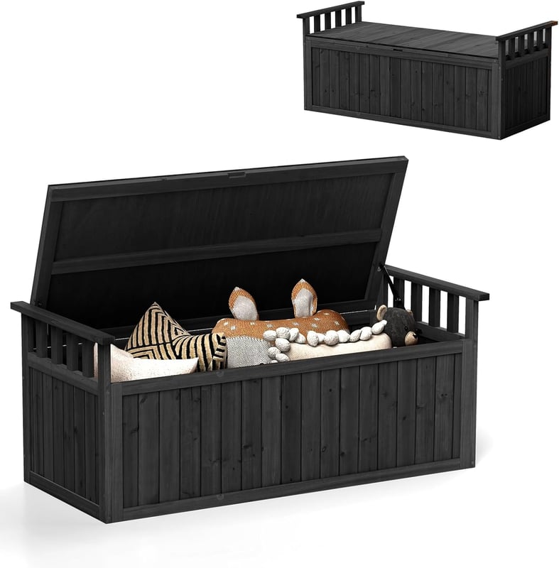 Ławka Ogrodowa XXL 2 w 1, Wodoodporna Skrzynia z Drewna Świerkowego z Pokrywą i Poręczami, Odporna na Warunki Atmosferyczne Skrzynia Ogrodowa (Czarna)