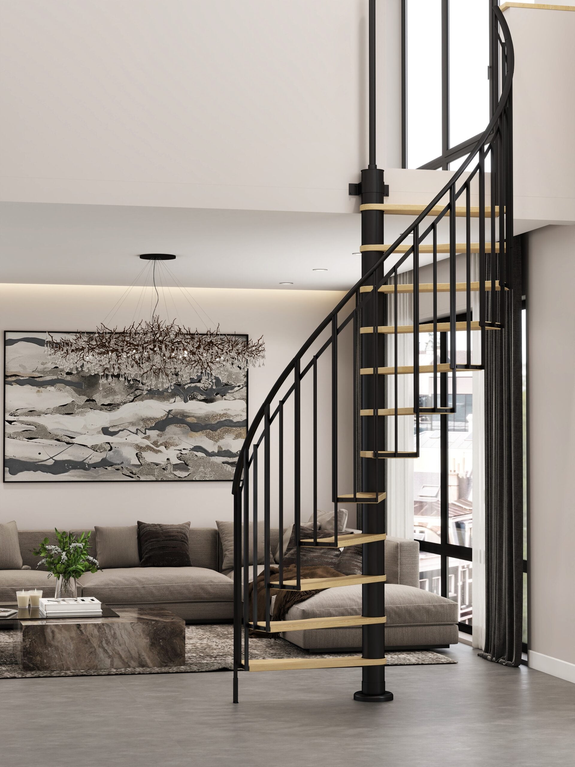 Escalera de caracol 'siena' - ø 145 cm - bisagra a la izquierda - altura 273 cm - 12 peldaños de haya - negro