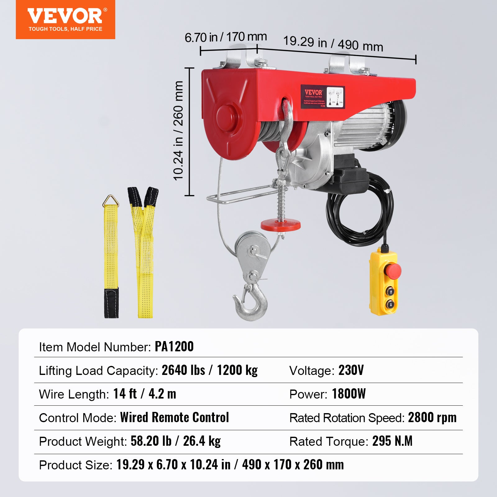Palan électrique,VEVOR charge double câble 1200 kg,télécommande filaire 4,2 m,hauteur de levage mono câble 12 m,arrêt d'urgence - 7