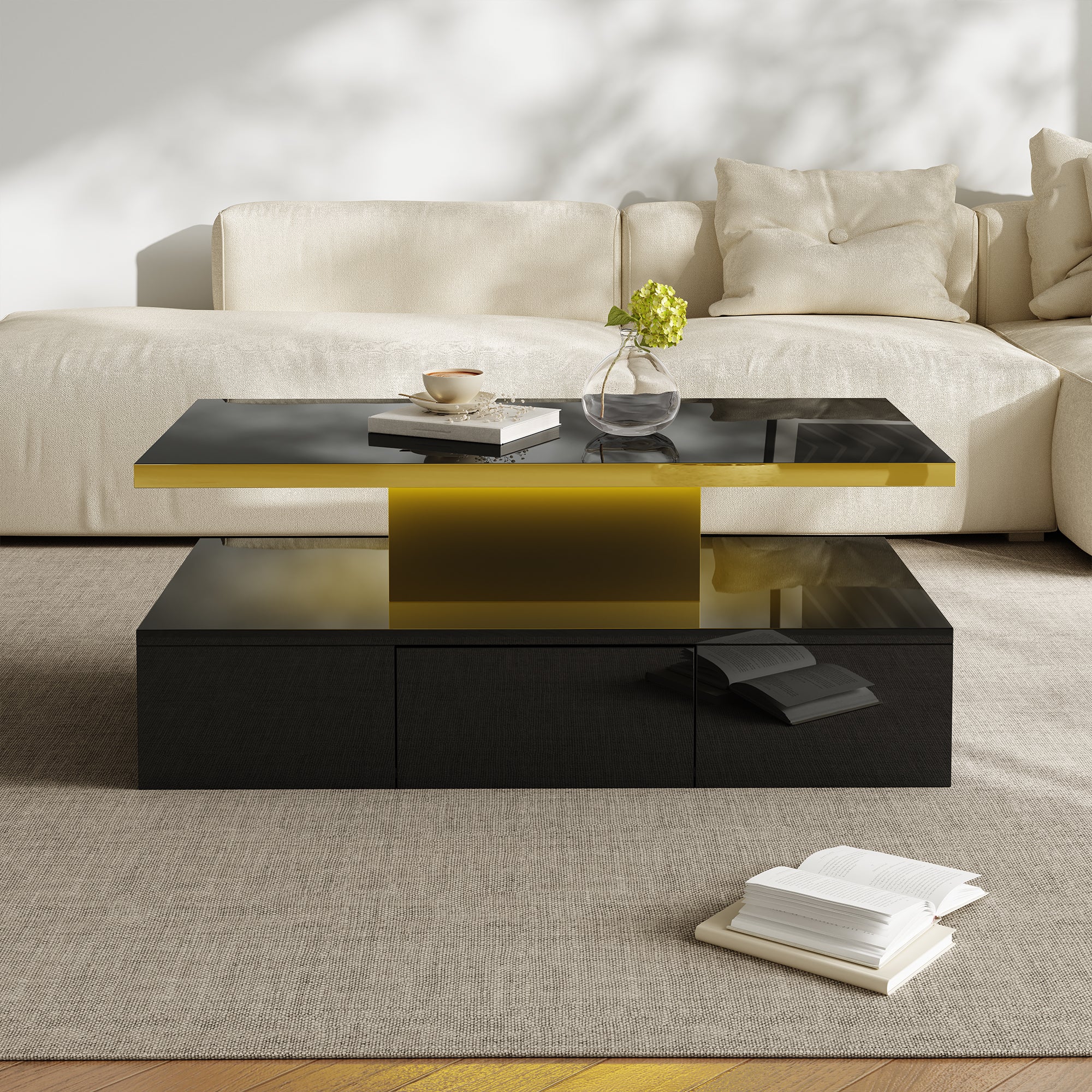 Mesa de centro - 1 cajón y 2 estantes - tablero de partículas - LED - negro brillante - 3